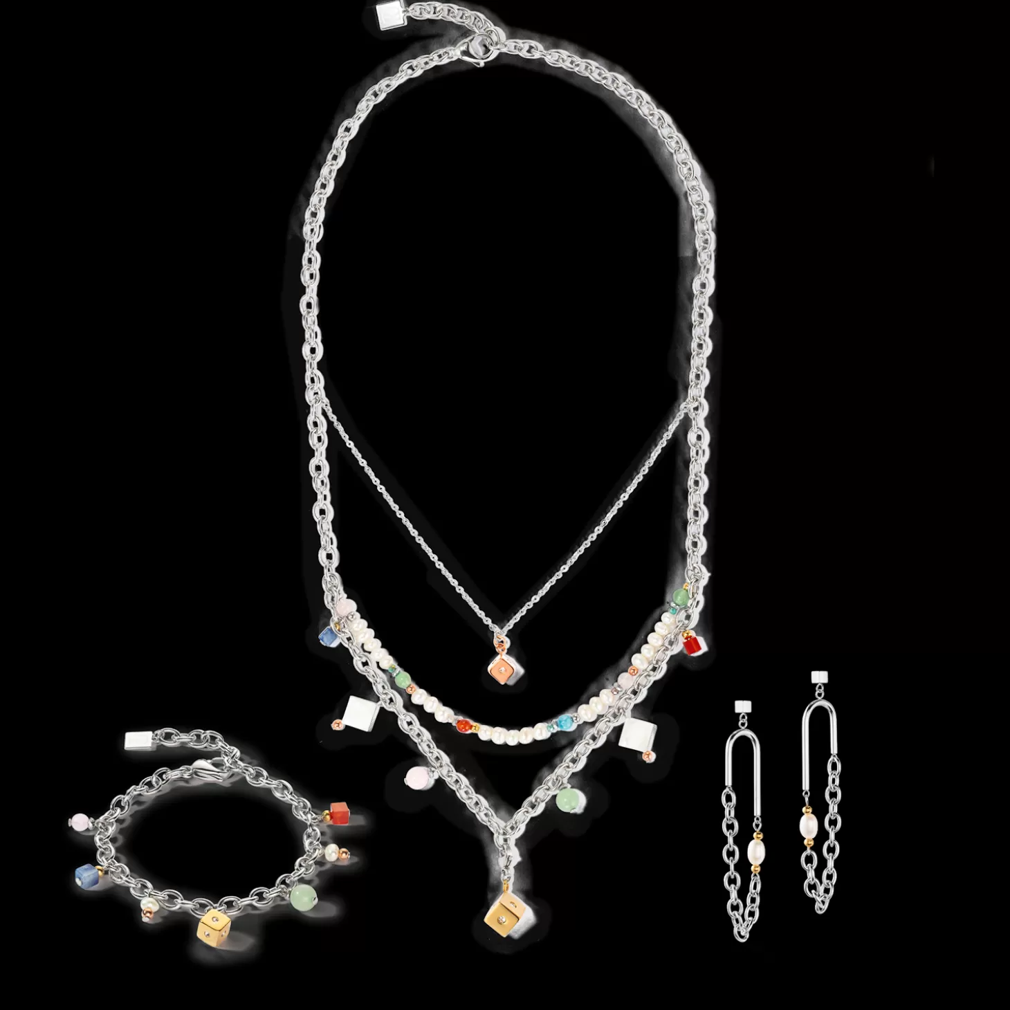 COEUR DE LION Boho Necklace Freshwater Pearls Silver & Multicolour