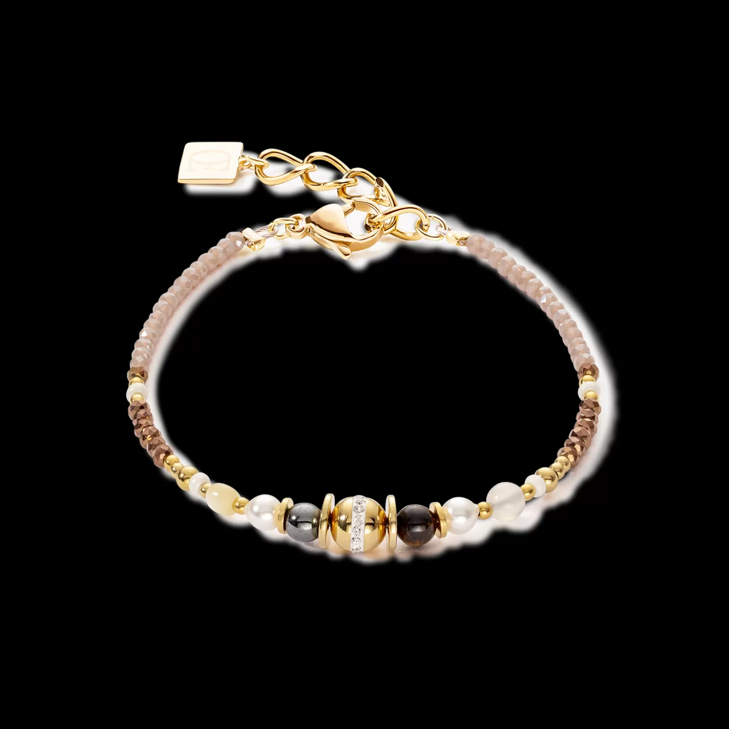 COEUR DE LION Bracelet Ball Small Gemstones & Crystal Pearls Brown-Gold