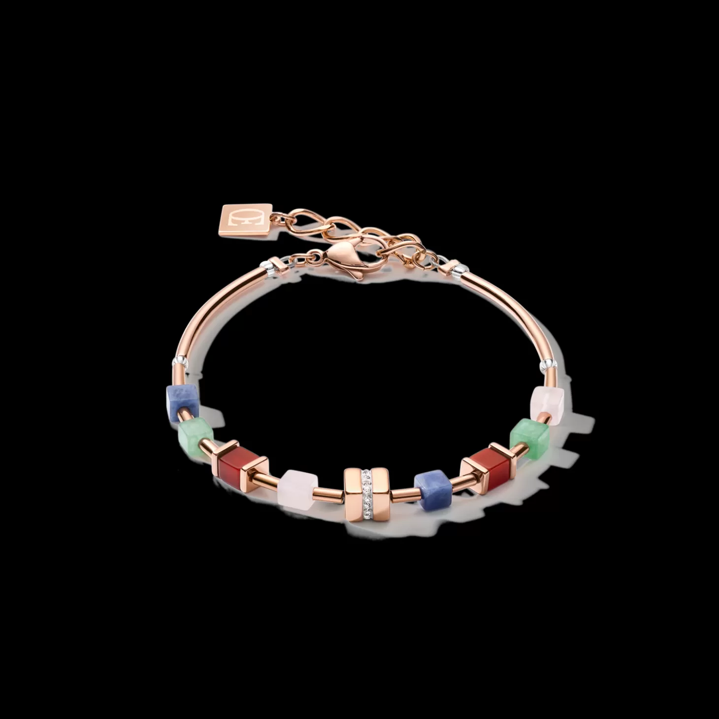 COEUR DE LION Bracelet Geocube® Big Cube Crystals Pave, Gemstones & Stainless Steel Rose Gold Multicolor Gemstone