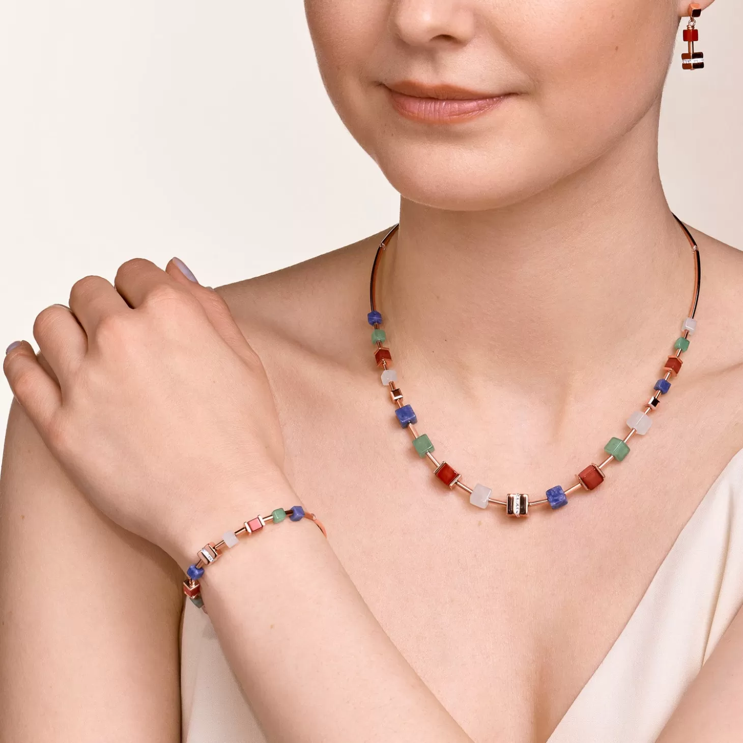 COEUR DE LION Bracelet Geocube® Big Cube Crystals Pave, Gemstones & Stainless Steel Rose Gold Multicolor Gemstone