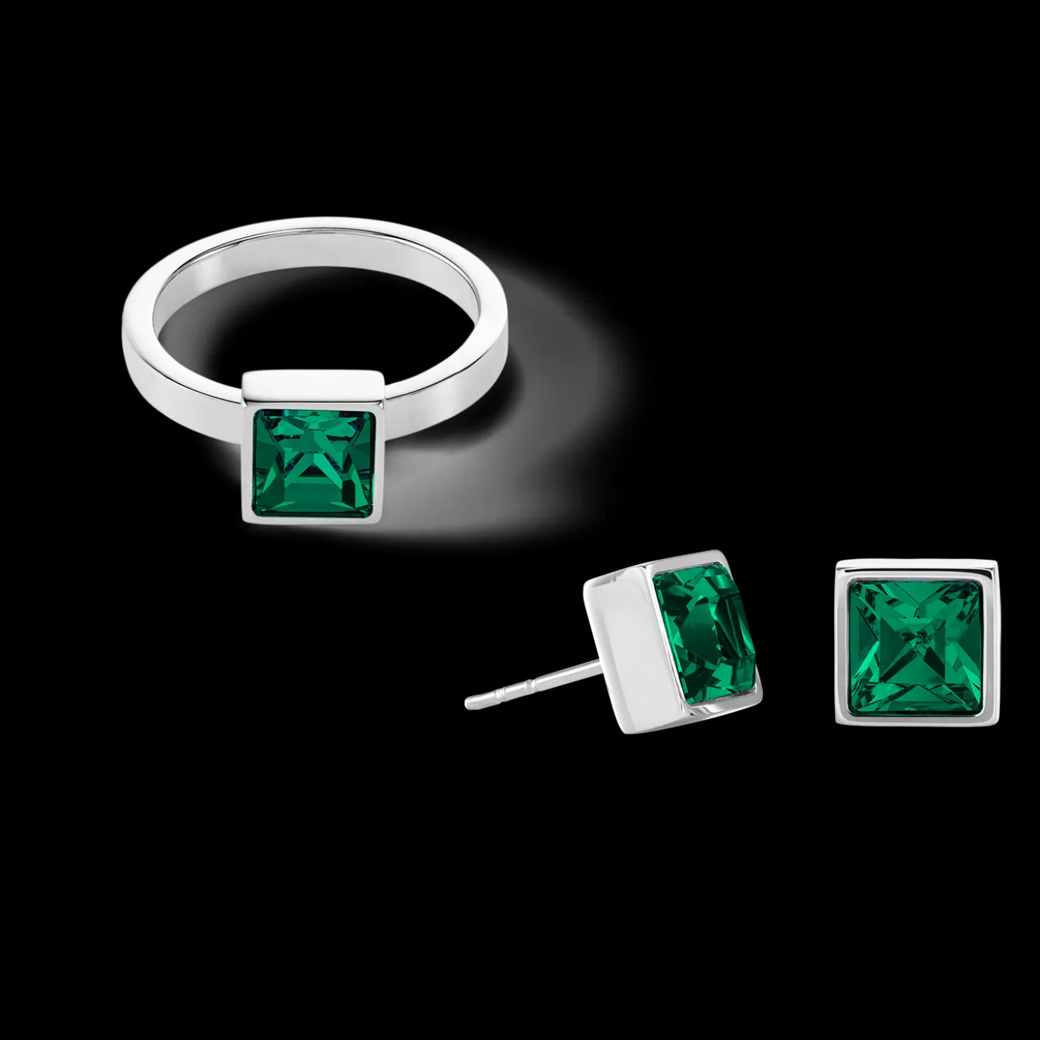 COEUR DE LION Brilliant Square Big Earrings Silver Dark Green