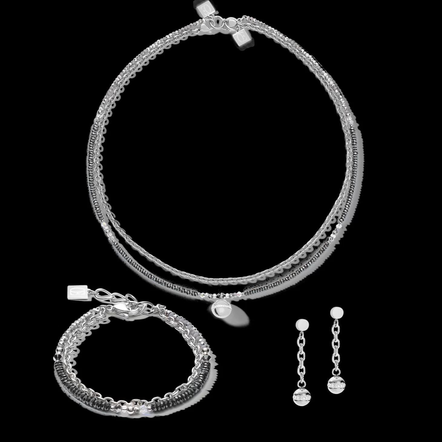 COEUR DE LION Earrings 4-In-1 Ball Stainless Steel Chain & Hematite Silver