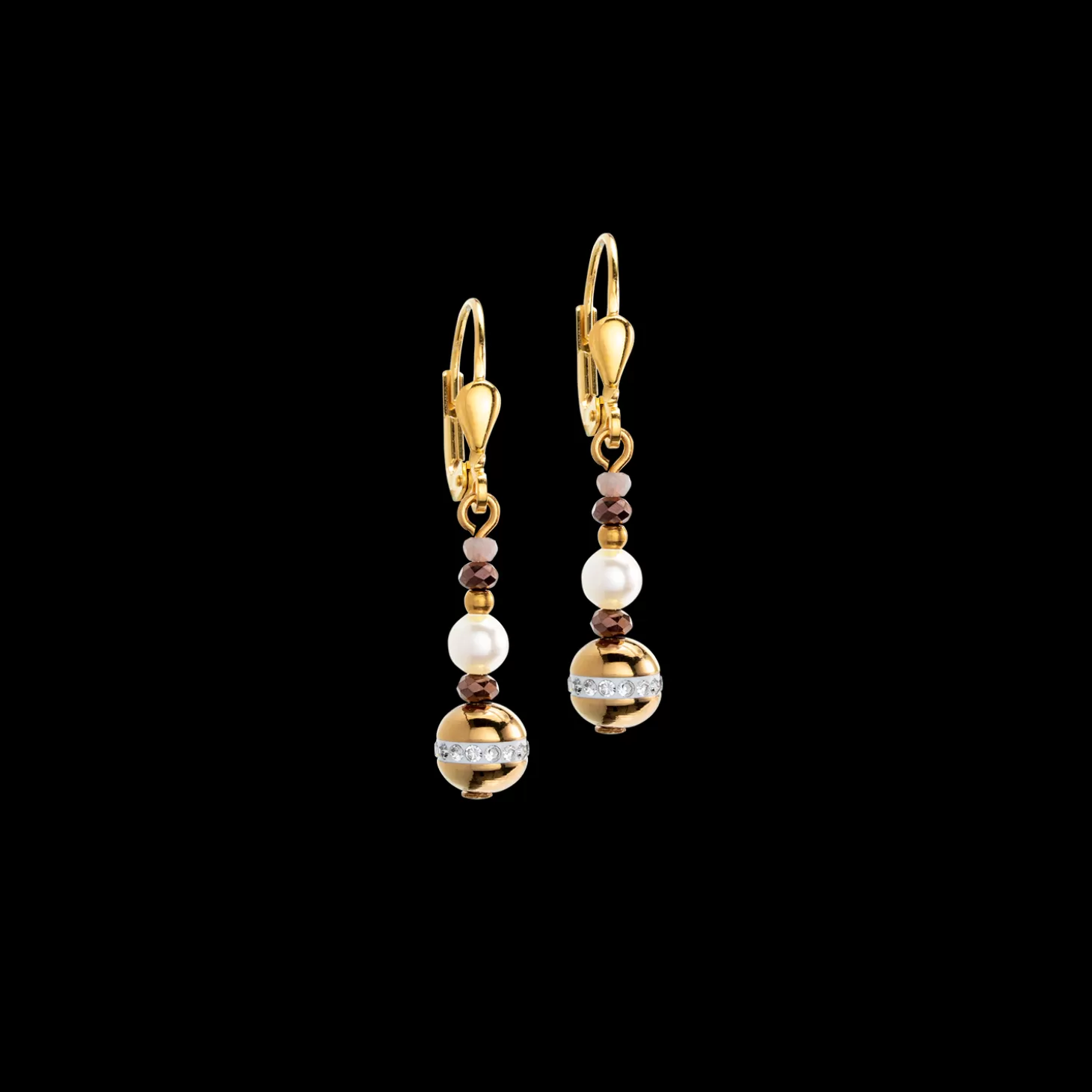 COEUR DE LION Earrings Ball Small Gemstones & Crystal Pearls Brown-Gold