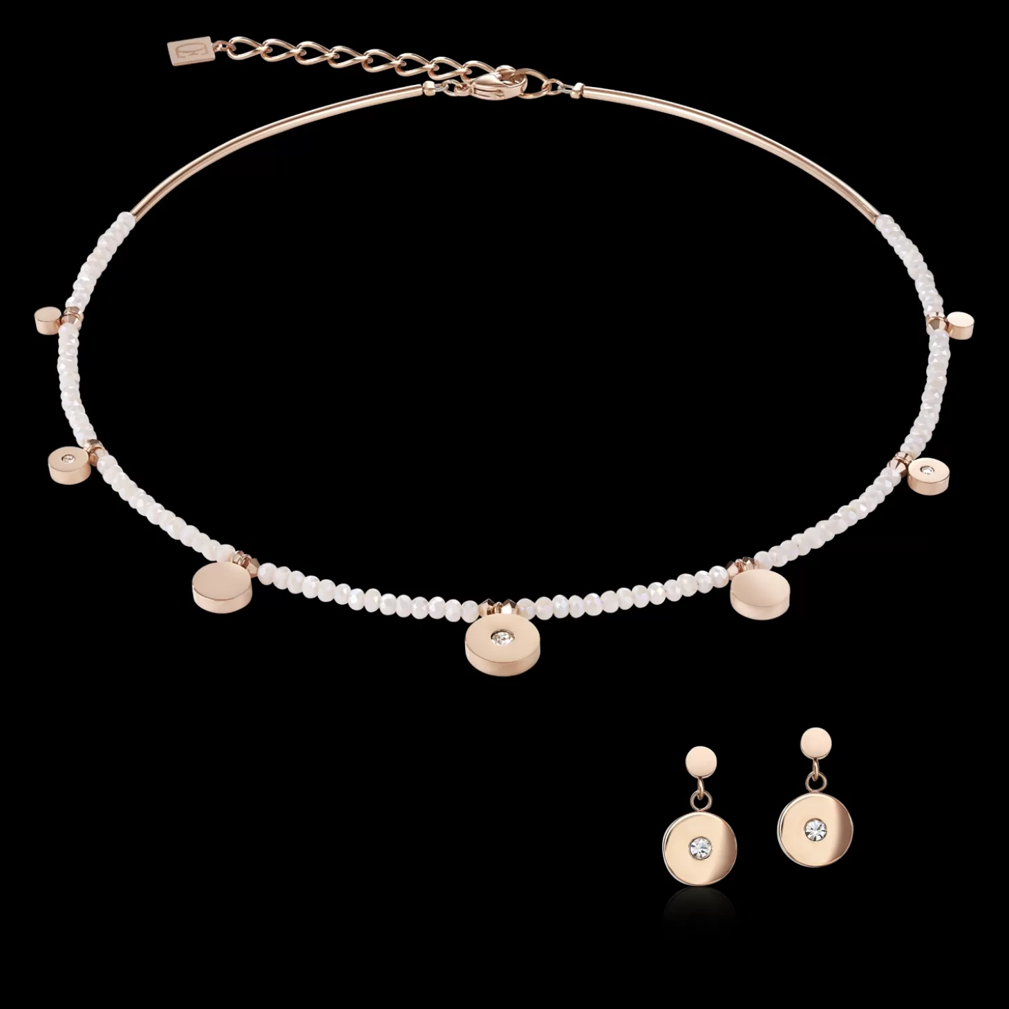 COEUR DE LION Earrings Coins Stainless Steel Rose Gold, Cut Glass & Crystals White