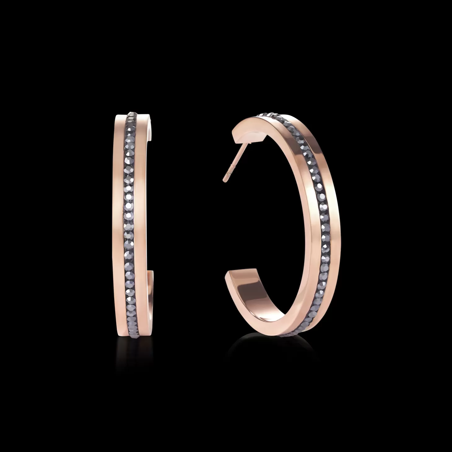 COEUR DE LION Earrings Creole 30 Stainless Steel Rose Gold & Crystals Pave Strip Anthracite