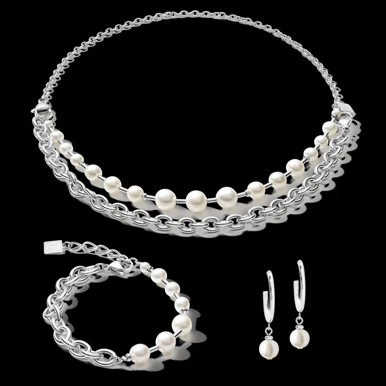 COEUR DE LION Earrings Creole Freshwater Pearls & Chunky Chain 4-In-1 White-Silver