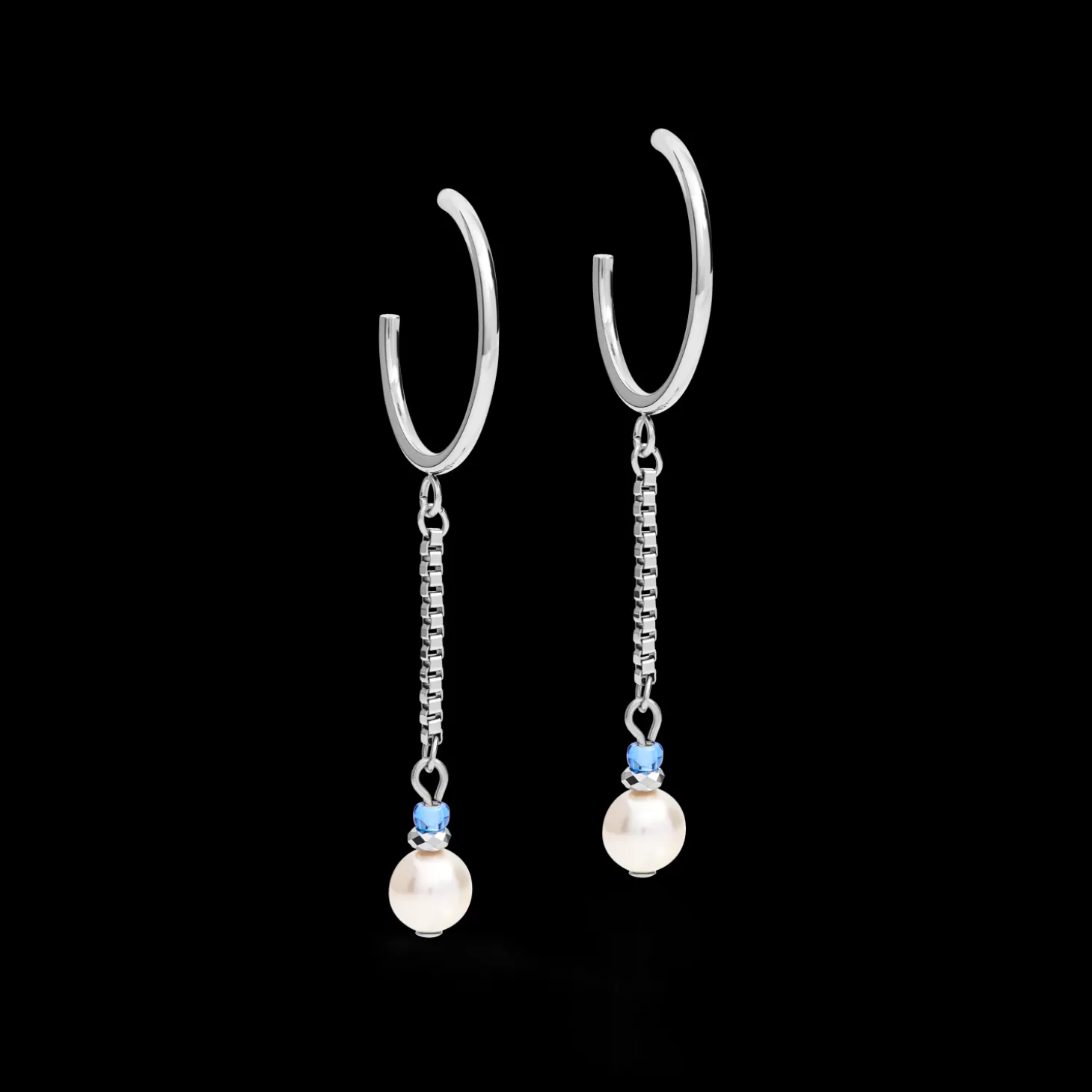 COEUR DE LION Earrings Creole Ypsilon Chain Crystal Pearl, Crystals & Stainless Steel Silver-Light Blue