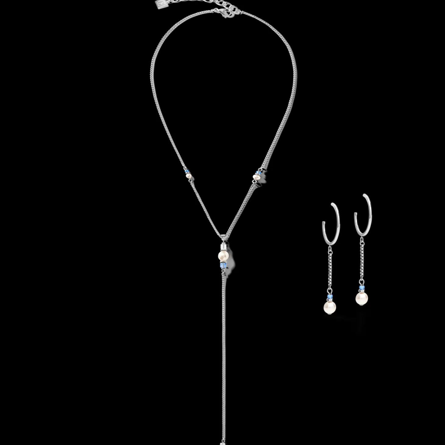 COEUR DE LION Earrings Creole Ypsilon Chain Crystal Pearl, Crystals & Stainless Steel Silver-Light Blue