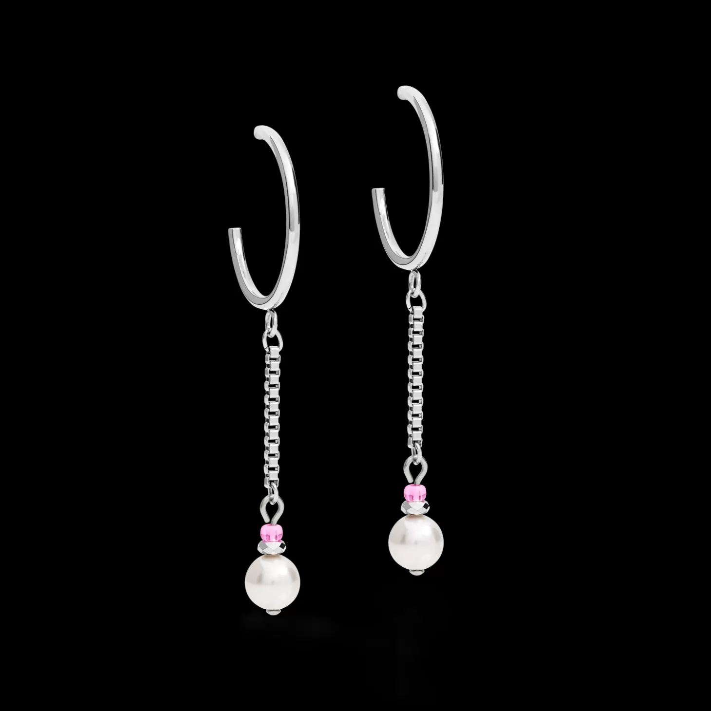 COEUR DE LION Earrings Creole Ypsilon Chain Crystal Pearl, Crystals & Stainless Steel Silver-Rose