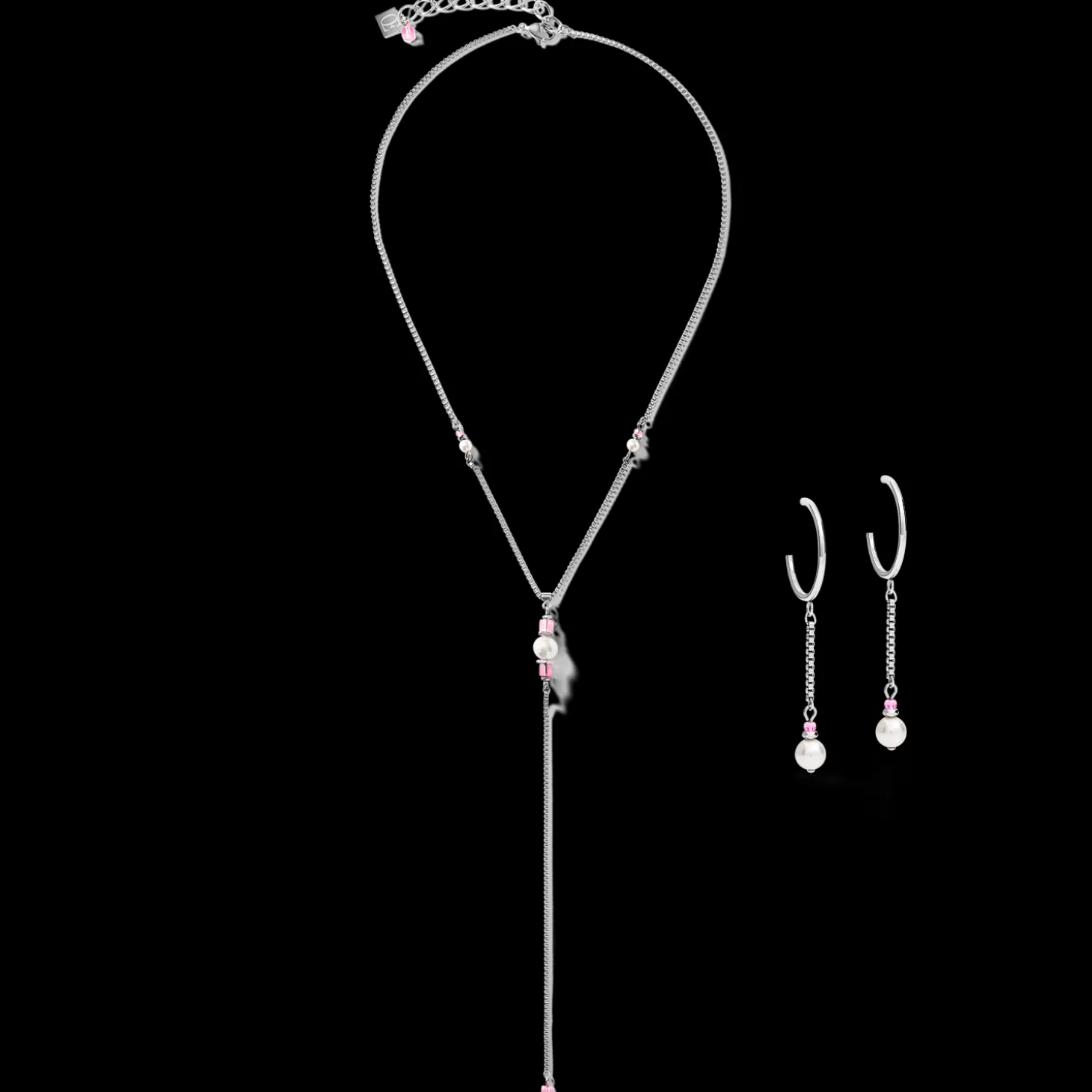 COEUR DE LION Earrings Creole Ypsilon Chain Crystal Pearl, Crystals & Stainless Steel Silver-Rose