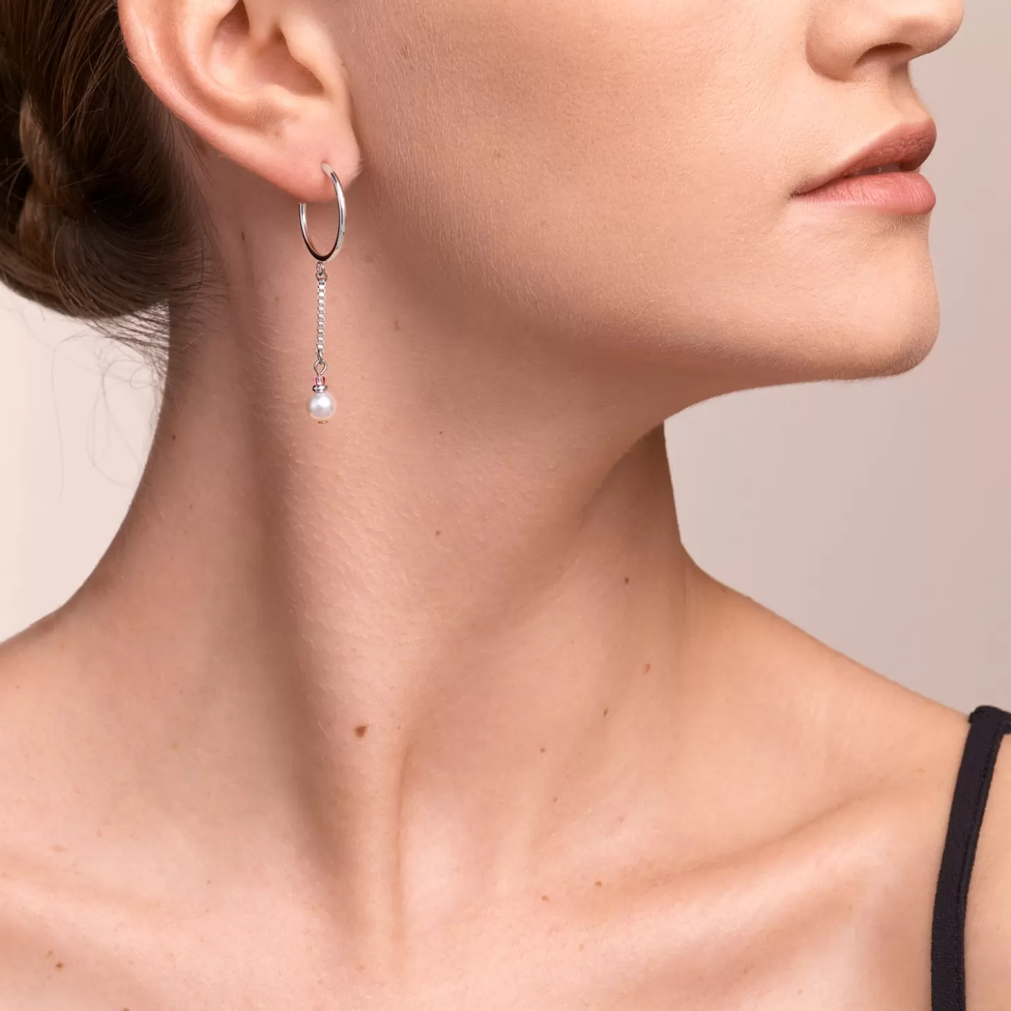 COEUR DE LION Earrings Creole Ypsilon Chain Crystal Pearl, Crystals & Stainless Steel Silver-Rose