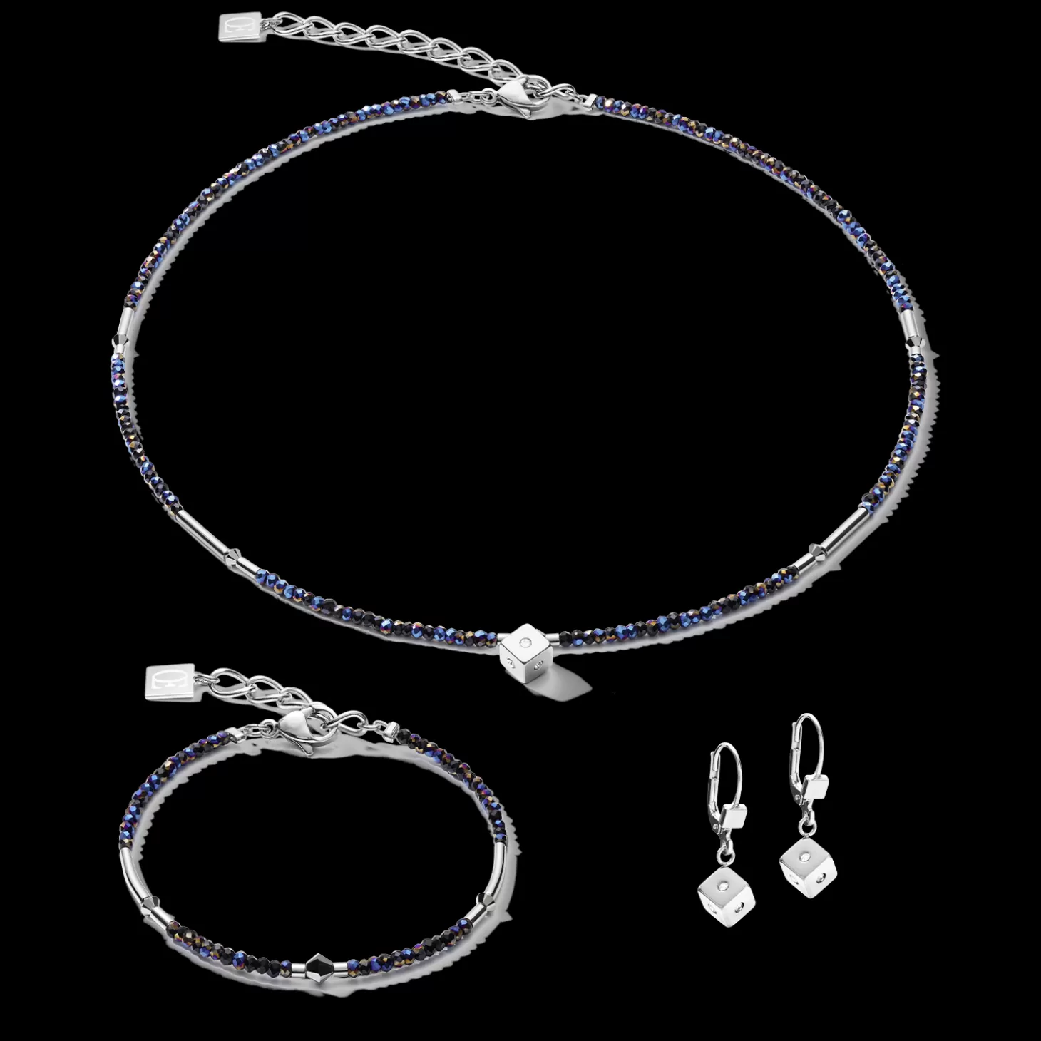 COEUR DE LION Earrings Cube Crystal Dot Stainless Steel & Crystal Glass Midnight Blue-Silver