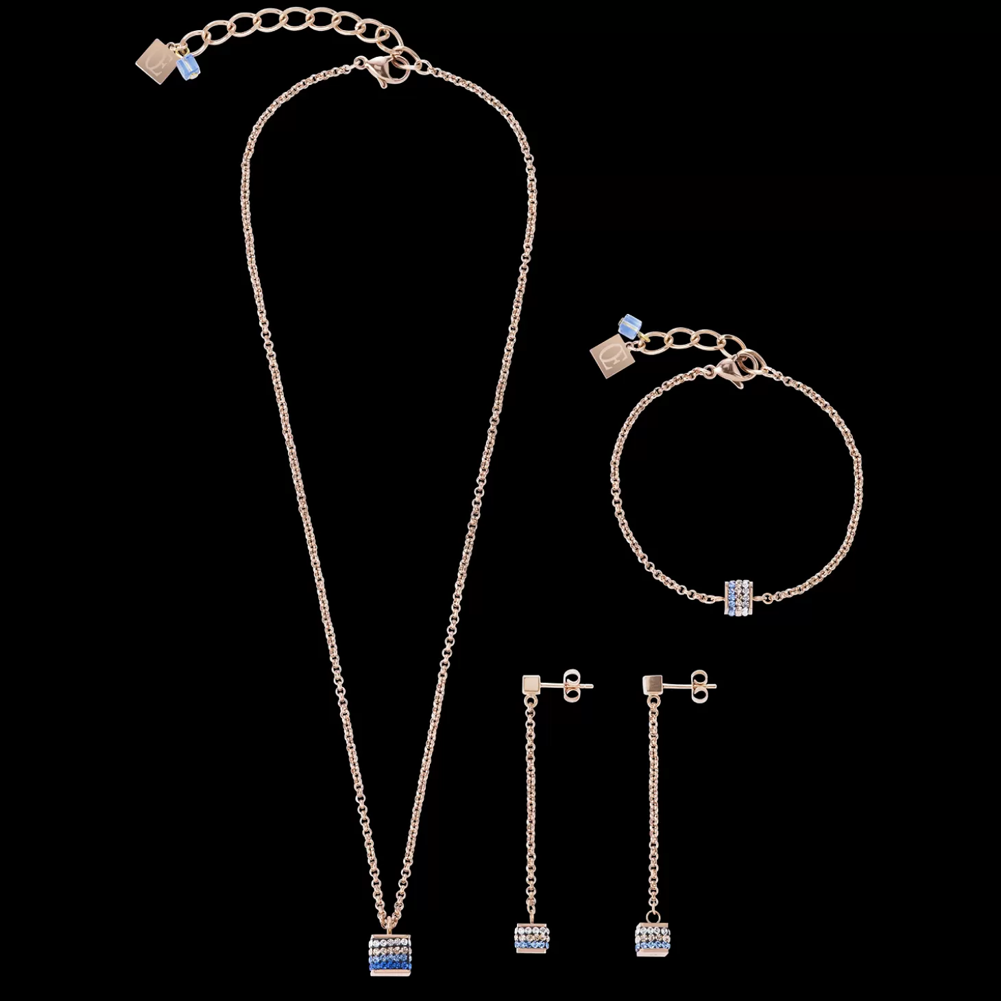 COEUR DE LION Earrings Cube Crystals Pave & Stainless Steel Rose Gold & Blue