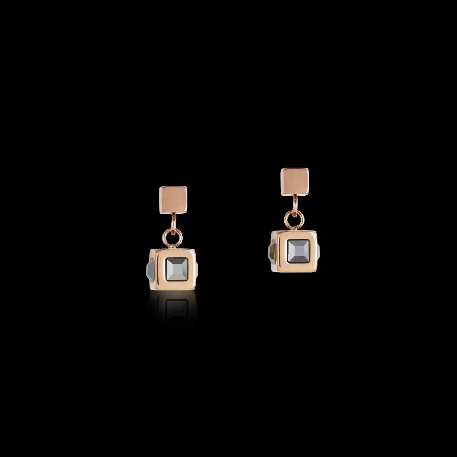 COEUR DE LION Earrings Cube Stainlees Steel Rose Gold & Crystal Anthracite