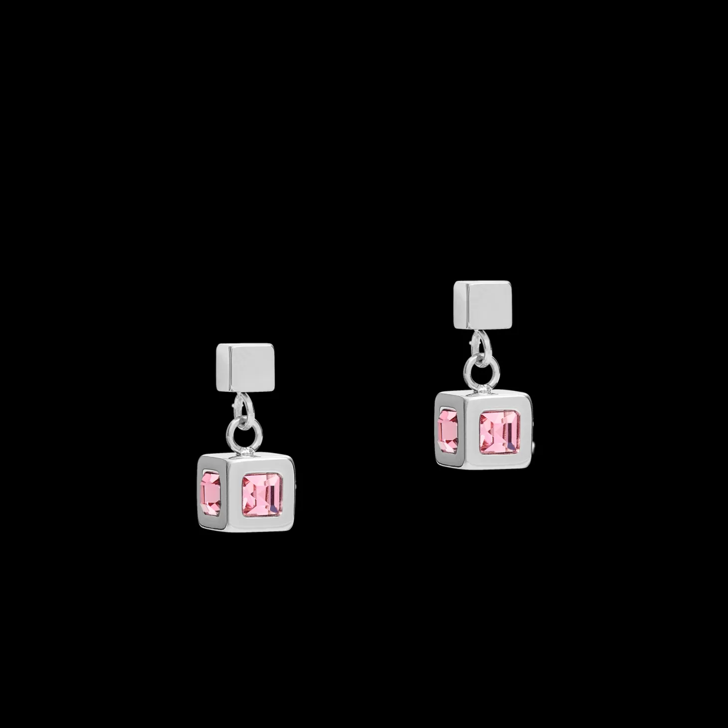 COEUR DE LION Earrings Cube Stainlees Steel Silver & Crystal Rose