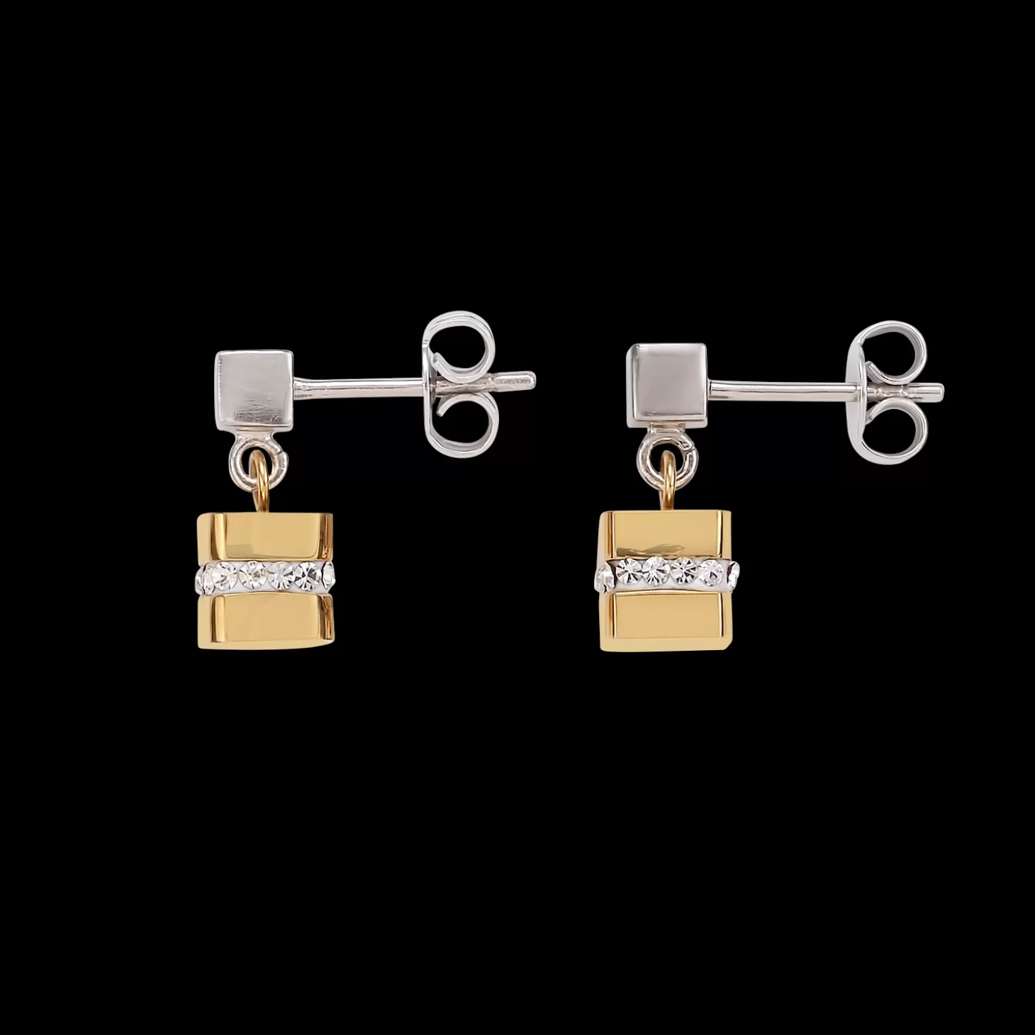 COEUR DE LION Earrings Cube Stainless Steel Gold & Crystals Pave Crystal