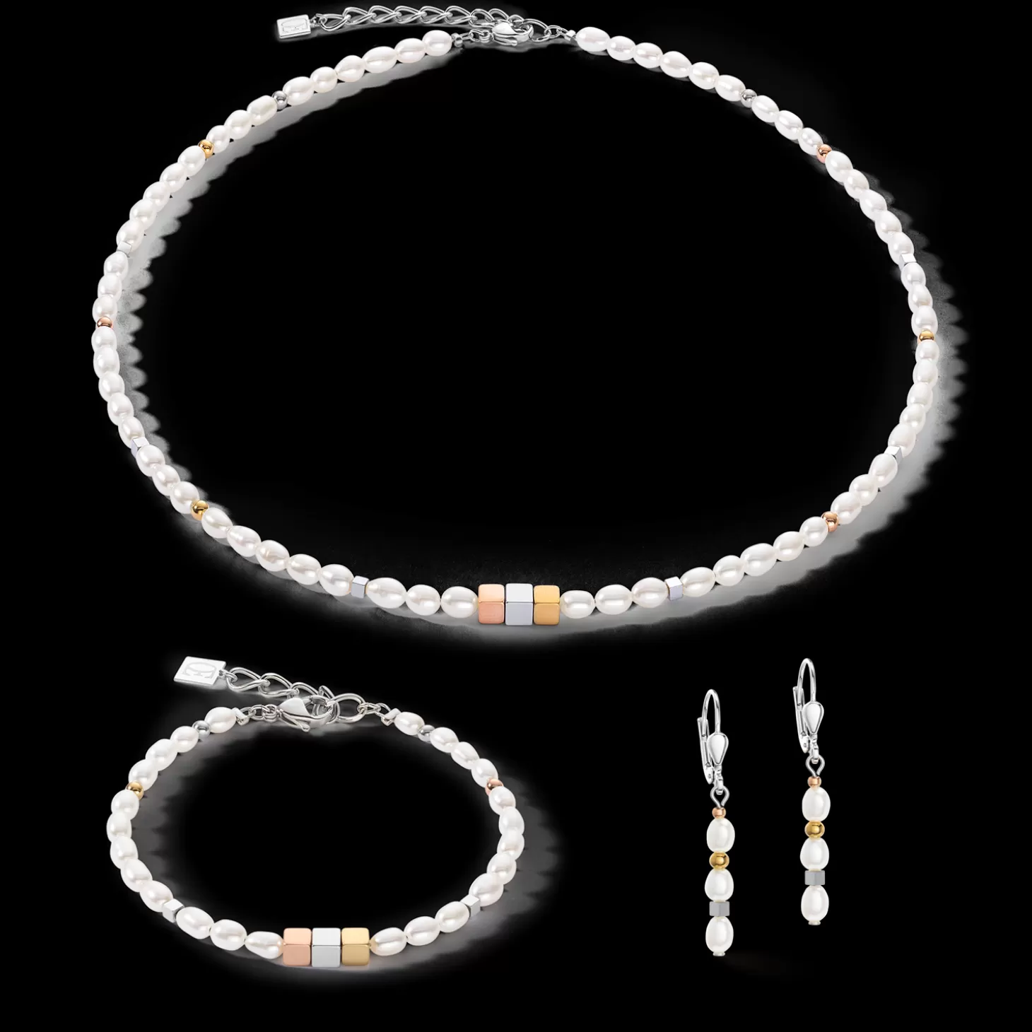 COEUR DE LION Earrings Cube Trilogy & Oval Freshwater Pearls