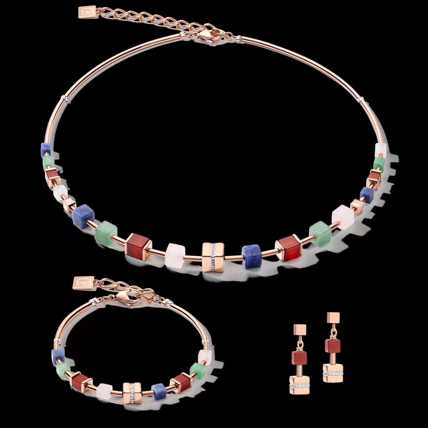 COEUR DE LION Earrings Geocube® Big Cube Crystals Pave, Gemstones & Stainless Steel Rose Gold Multicolor Gemstone