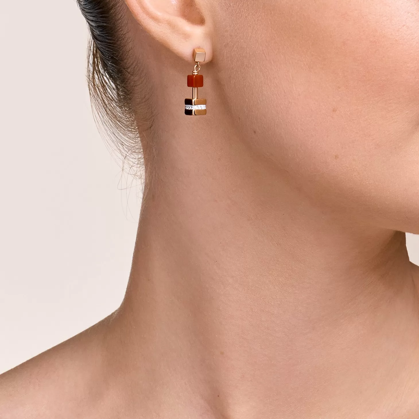 COEUR DE LION Earrings Geocube® Big Cube Crystals Pave, Gemstones & Stainless Steel Rose Gold Multicolor Gemstone