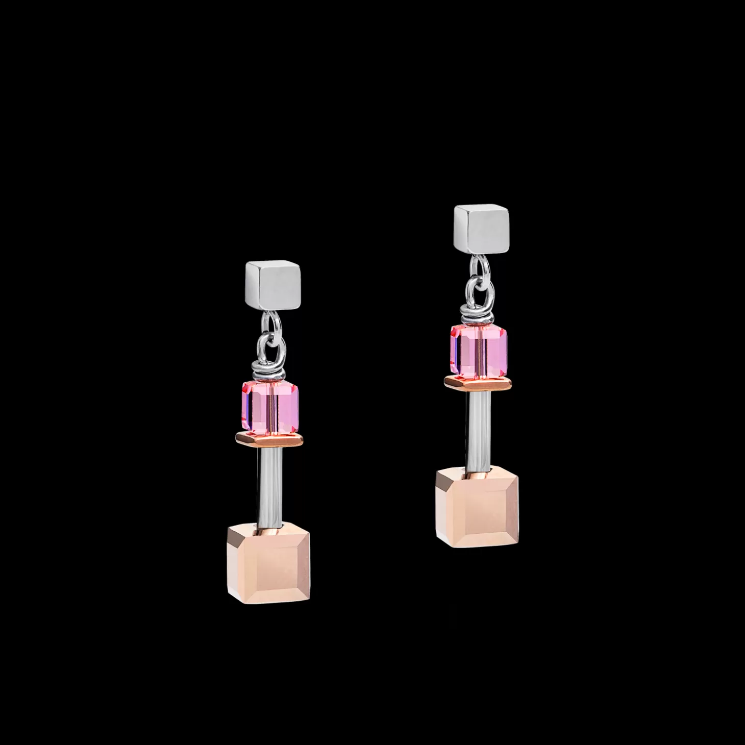 COEUR DE LION Earrings Geocube® Crystals & Stainless Steel Rose Gold-Silver Multicolour Art Nouveau