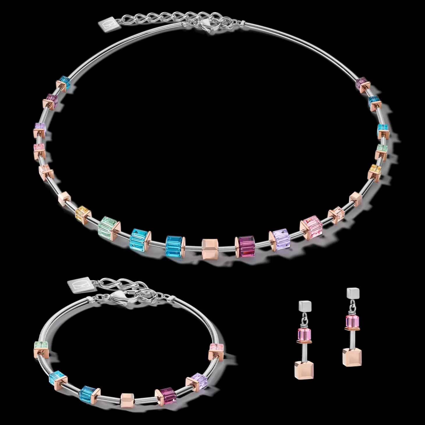 COEUR DE LION Earrings Geocube® Crystals & Stainless Steel Rose Gold-Silver Multicolour Art Nouveau