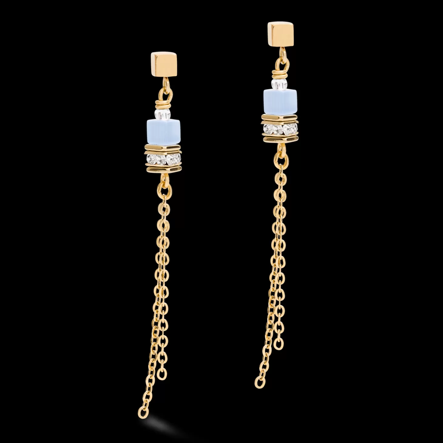 COEUR DE LION Earrings Geocube® Double Chain Long Stainless Steel Gold-Blue