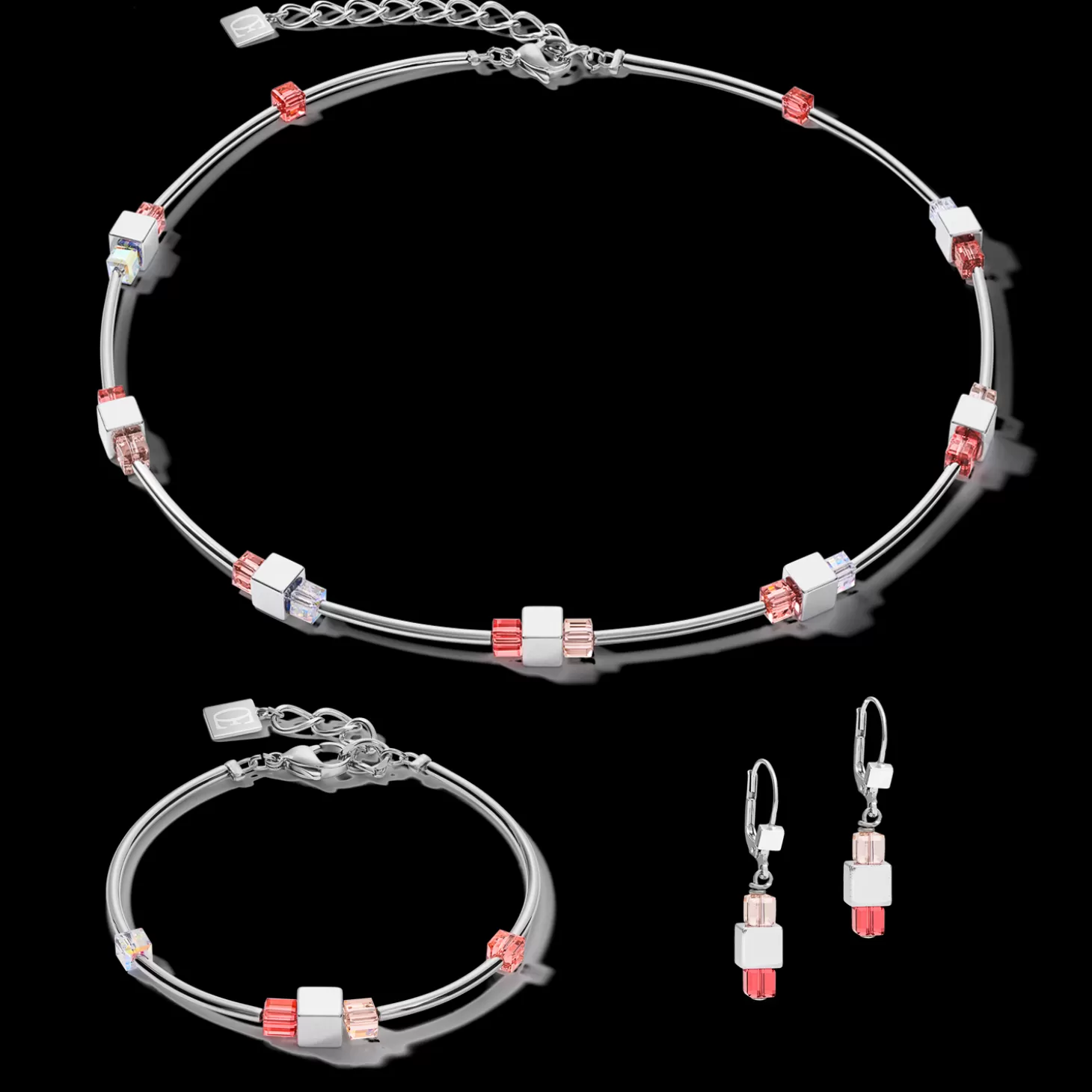 COEUR DE LION Earrings Geocube® Haematite & Crystals Silver-Red