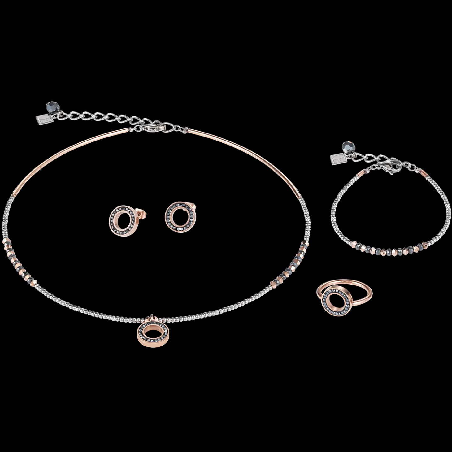 COEUR DE LION Earrings Ring Crystals Pave Anthracite Small & Stainless Steel Rose Gold & Silver