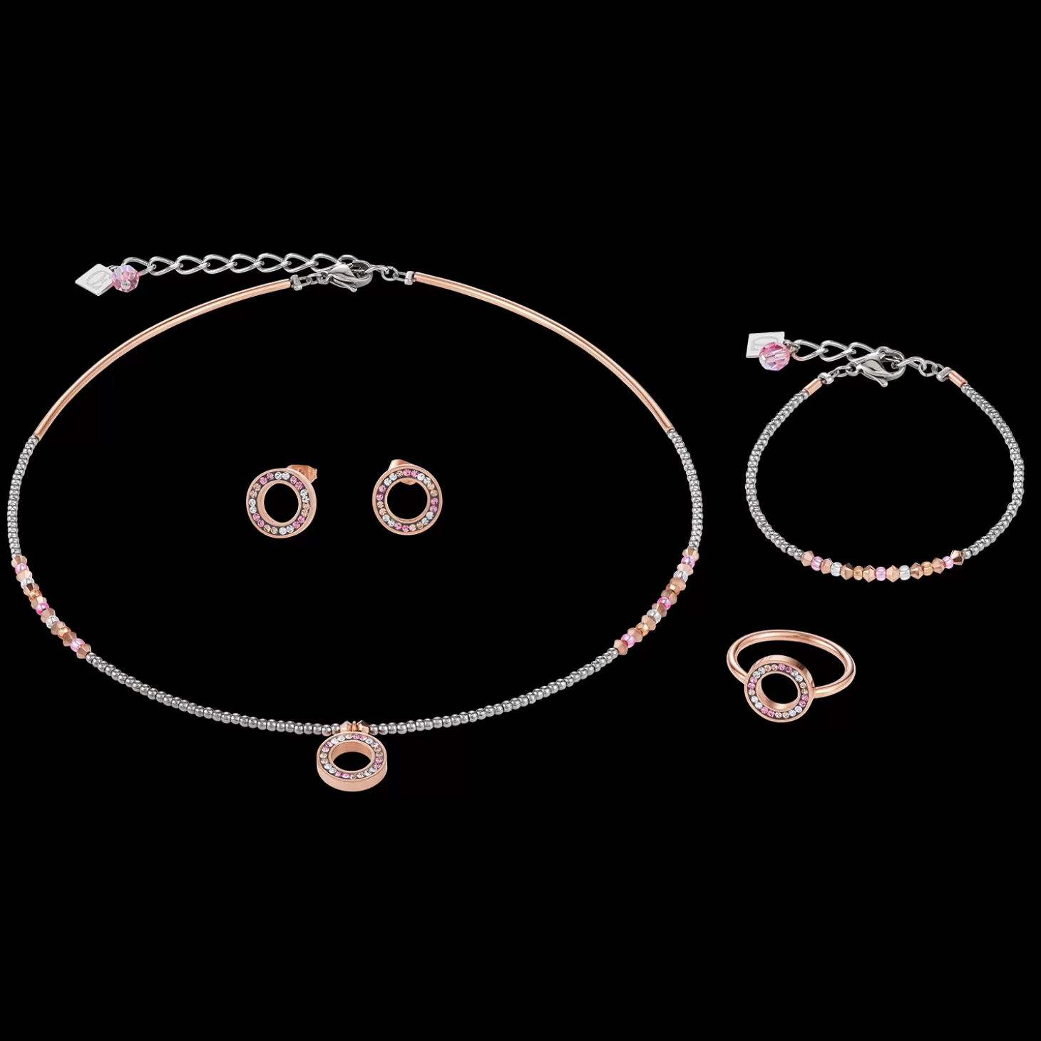 COEUR DE LION Earrings Ring Crystals Pave Rose Small & Stainless Steel Rose Gold & Silver
