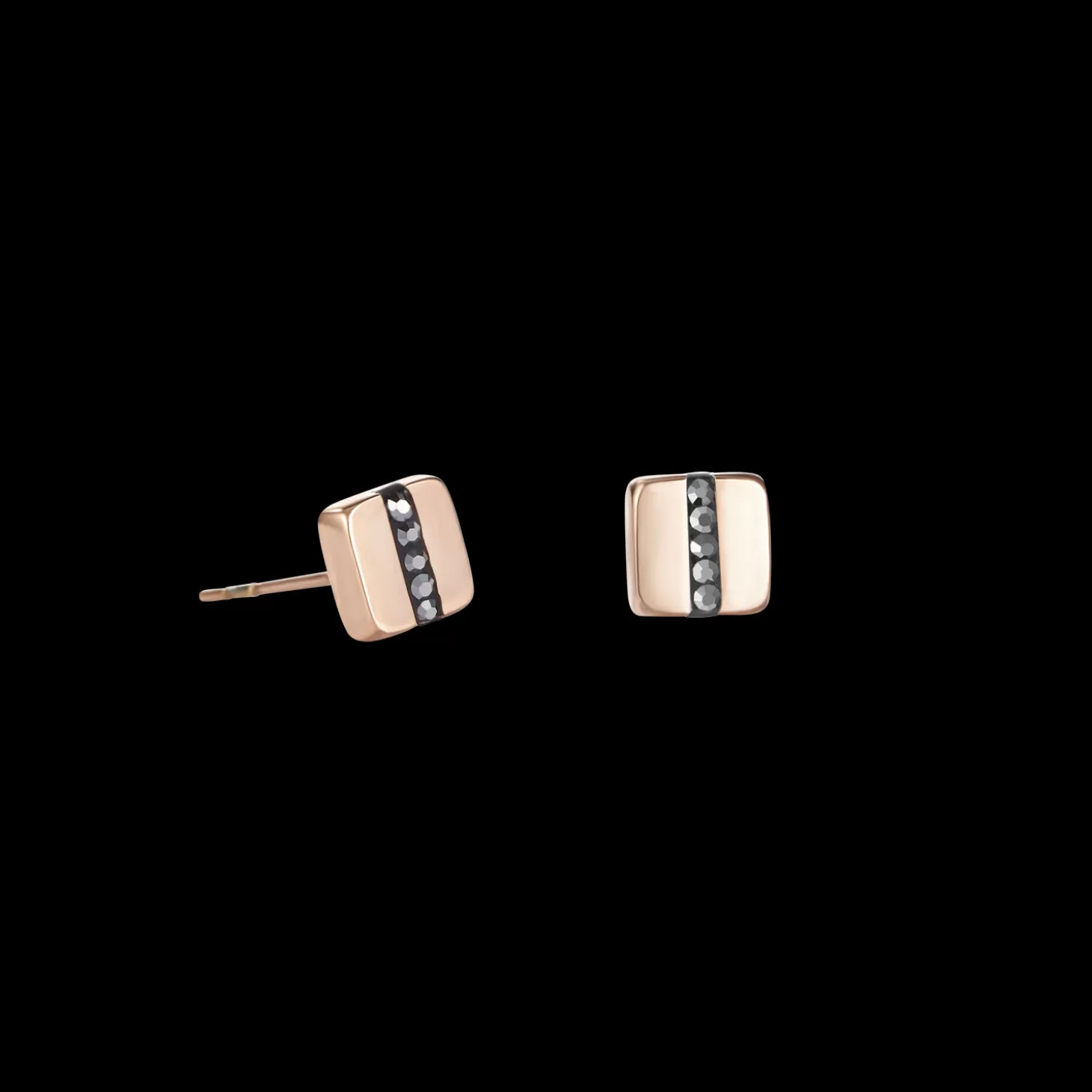 COEUR DE LION Earrings Stainless Steel Square Rose Gold & Crystals Pave Strip Anthracite