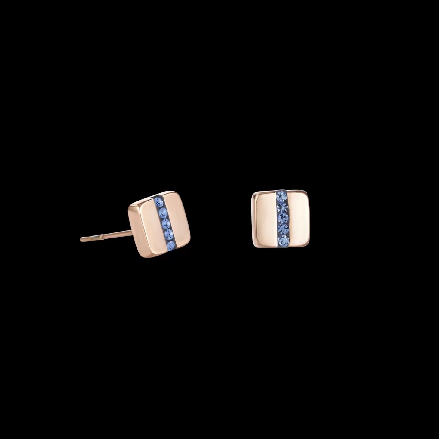 COEUR DE LION Earrings Stainless Steel Square Rose Gold & Crystals Pave Strip Light Blue