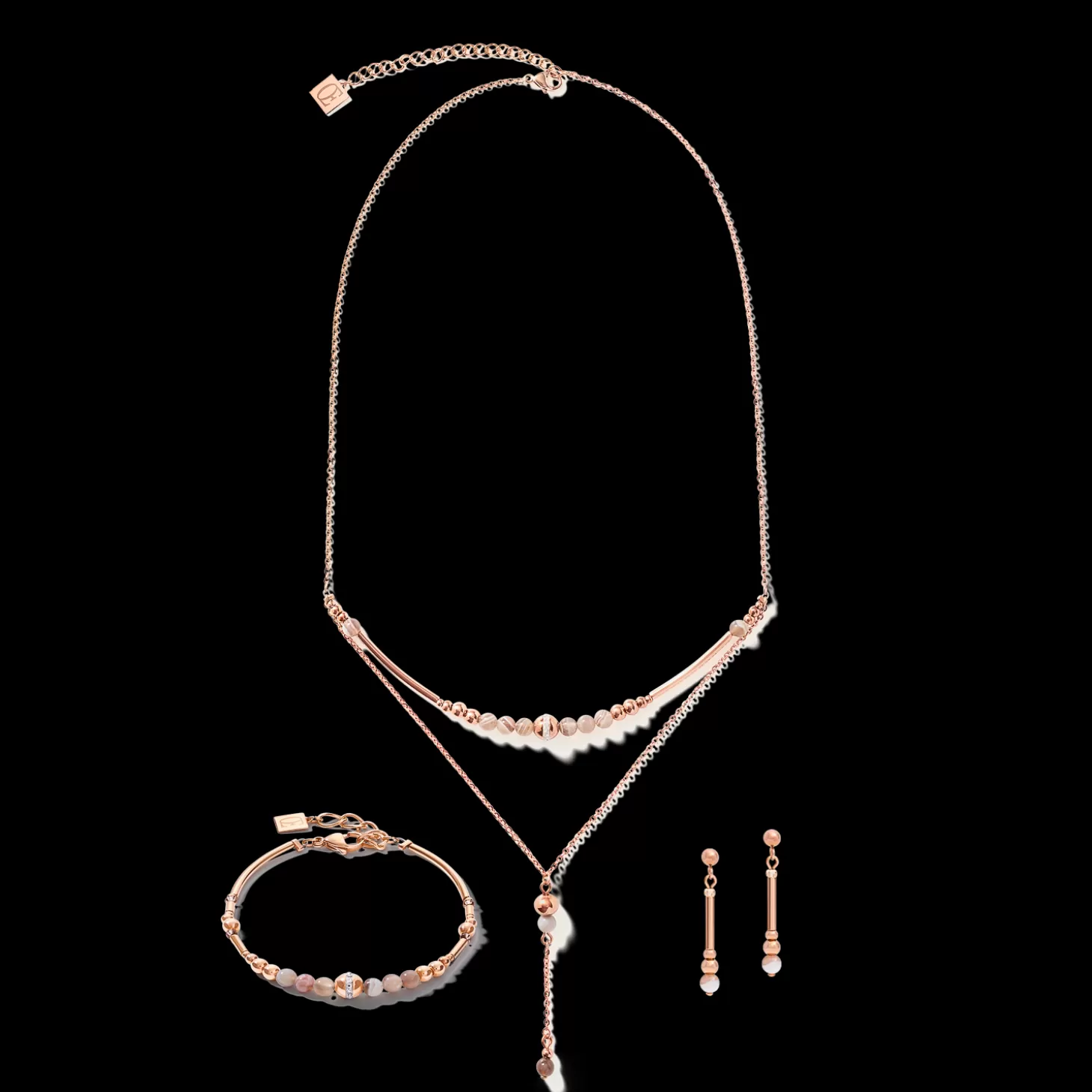 COEUR DE LION Earrings Y2 Botswana Agate Spheres, Crystals Pave & Stainless Steel Rose Gold Beige-Grey