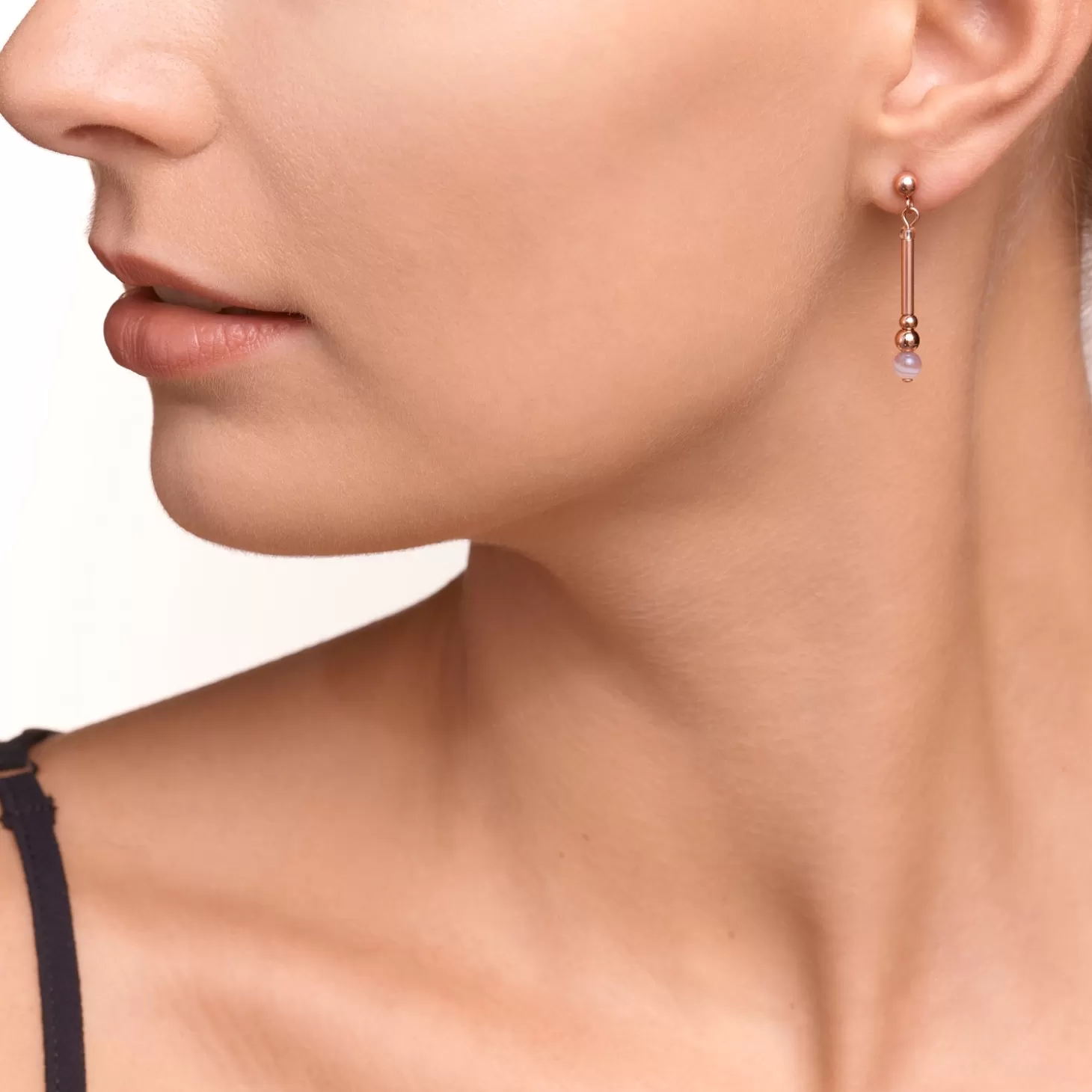 COEUR DE LION Earrings Y2 Botswana Agate Spheres, Crystals Pave & Stainless Steel Rose Gold Beige-Grey