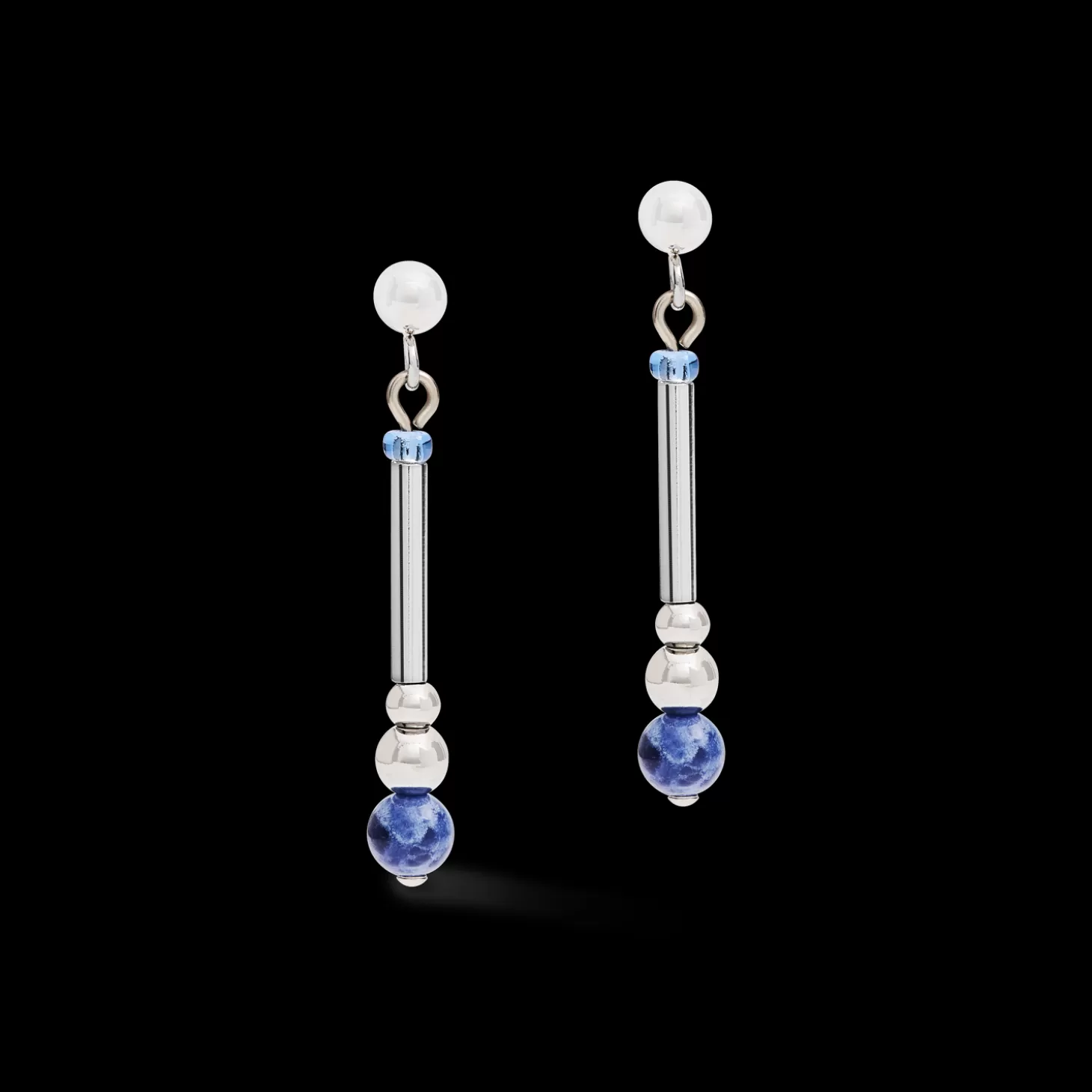 COEUR DE LION Earrings Y2 Sodalite Spheres, Crystals Pave & Stainless Steel Silver Blue