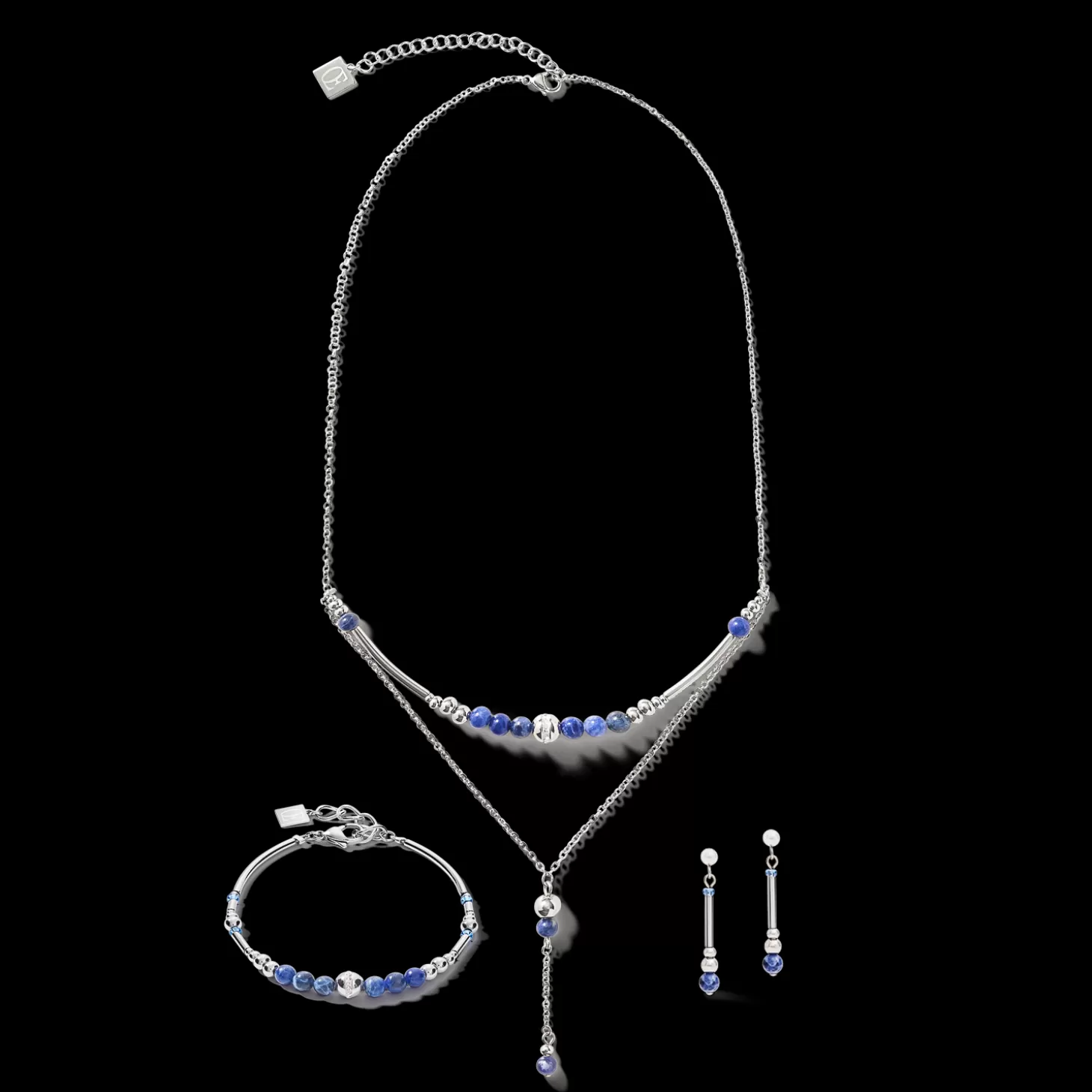 COEUR DE LION Earrings Y2 Sodalite Spheres, Crystals Pave & Stainless Steel Silver Blue