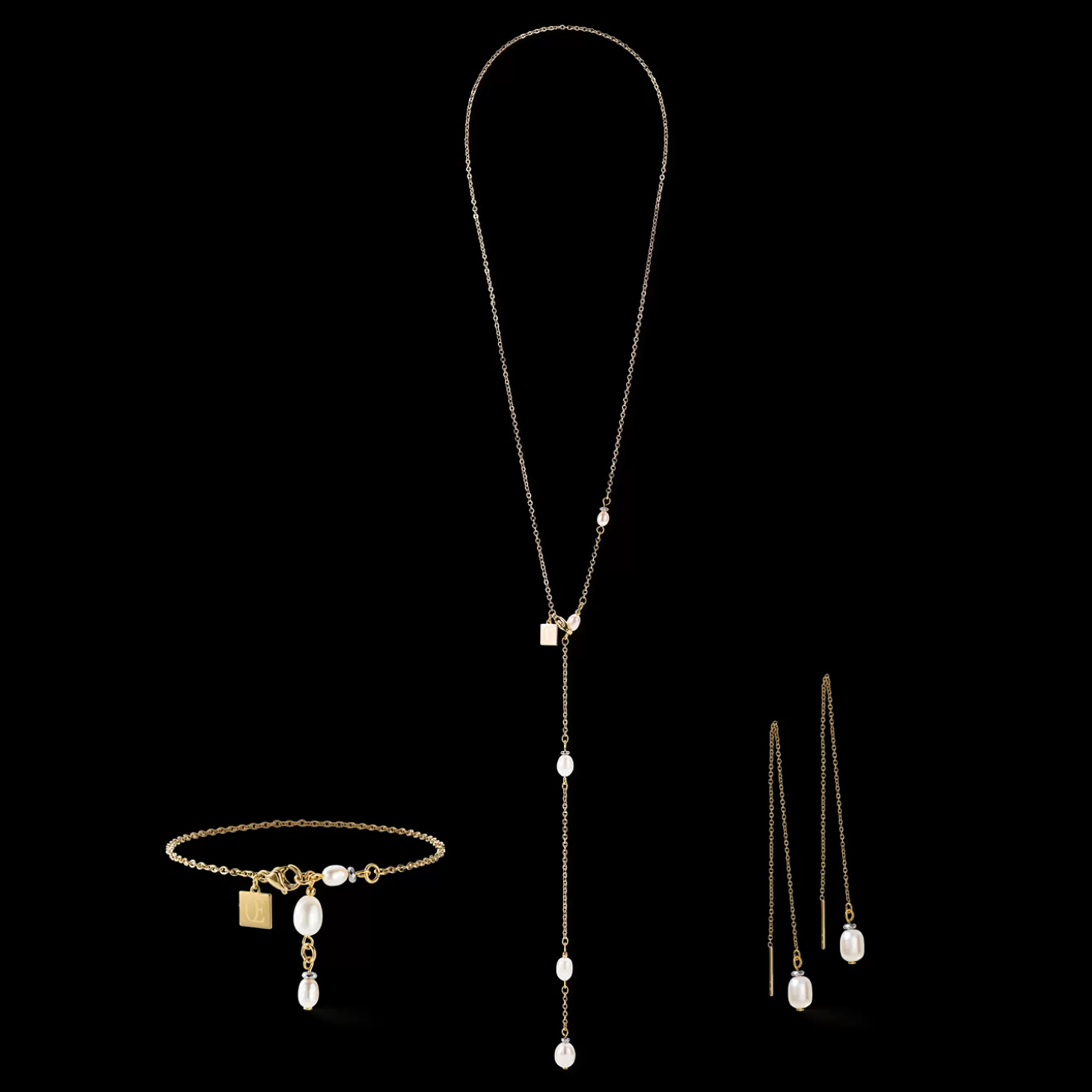 COEUR DE LION Earrings Y Chain & Oval Freshwater Pearls Gold White