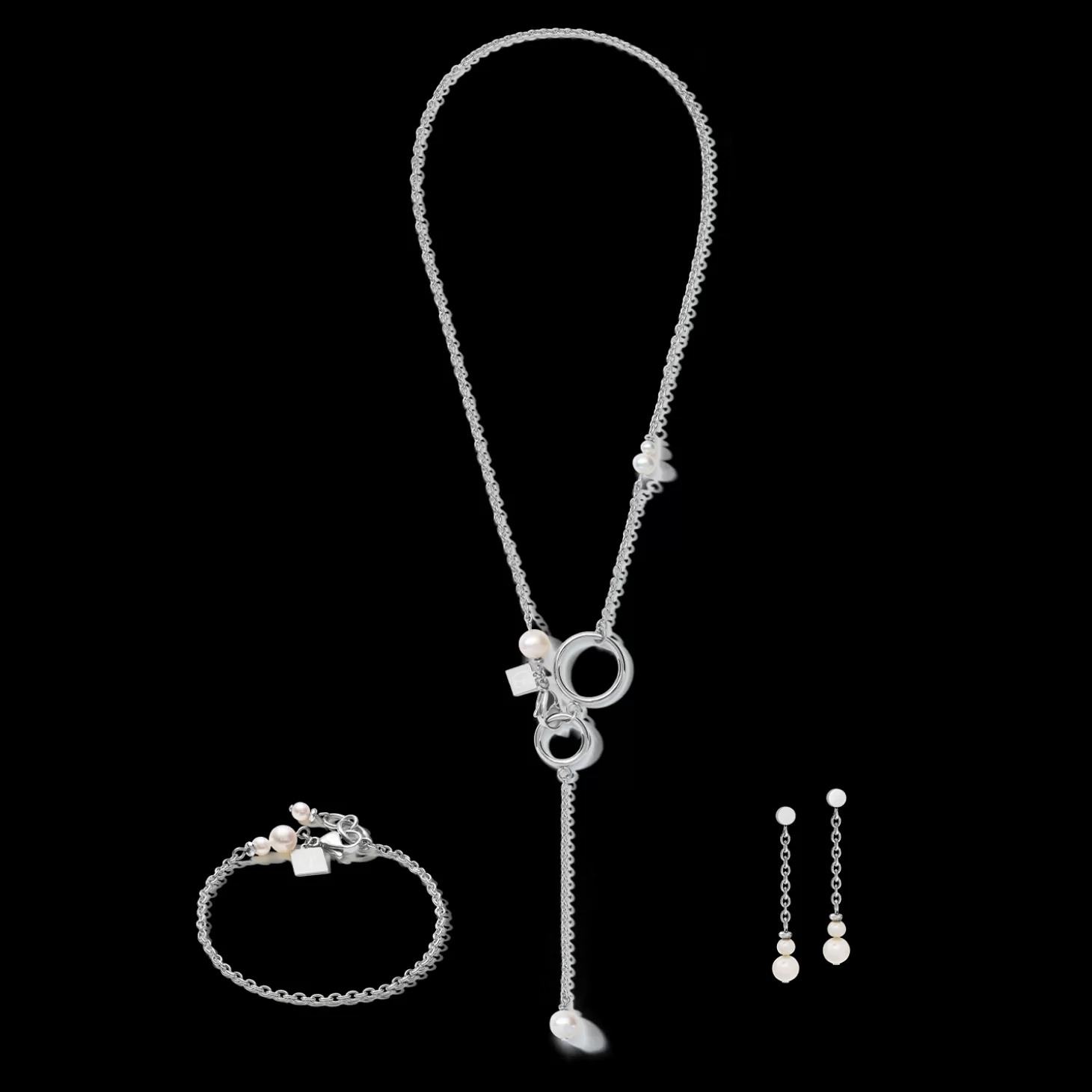 COEUR DE LION Earrings Y Chain & Ring Freshwater Pearls & Stainless Steel White-Silver