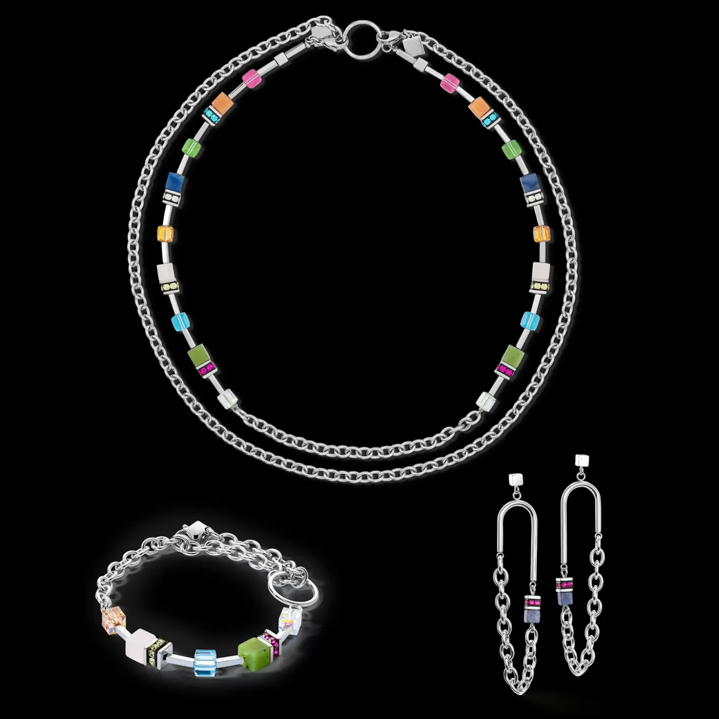 COEUR DE LION Geocube® Iconic Boho Necklace Silver-Multicolour