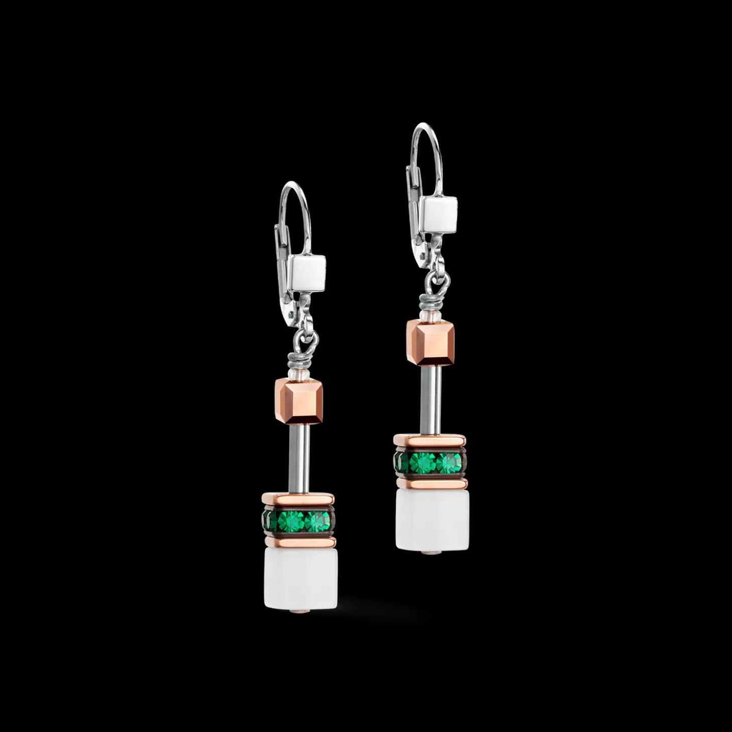 COEUR DE LION Geocube® Iconic Earrings Rose Gold White & Dark Green