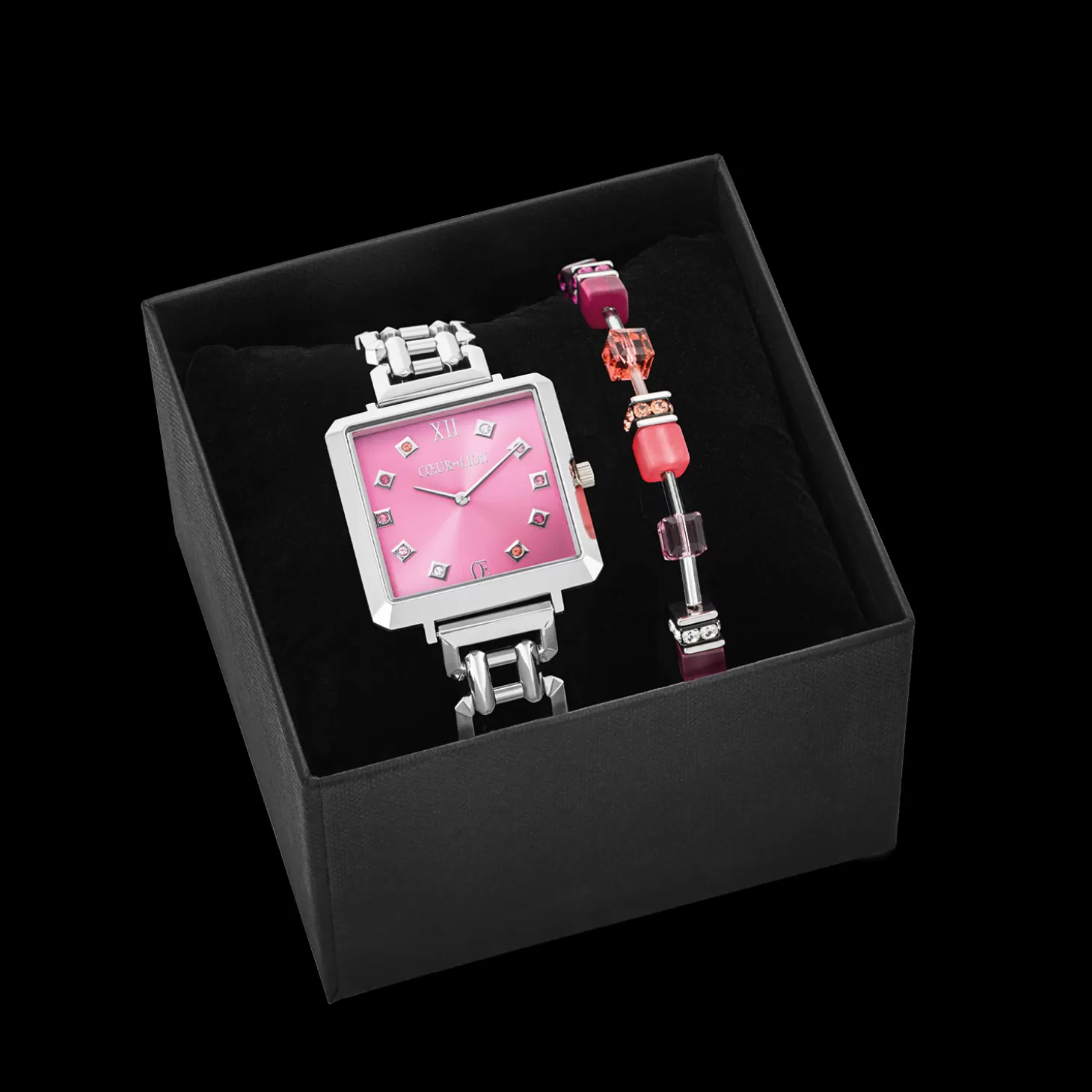 COEUR DE LION Gift Set Watch Iconic Cube Viva Magenta Silver & Geocube® Iconic Bracelet Viva Magenta