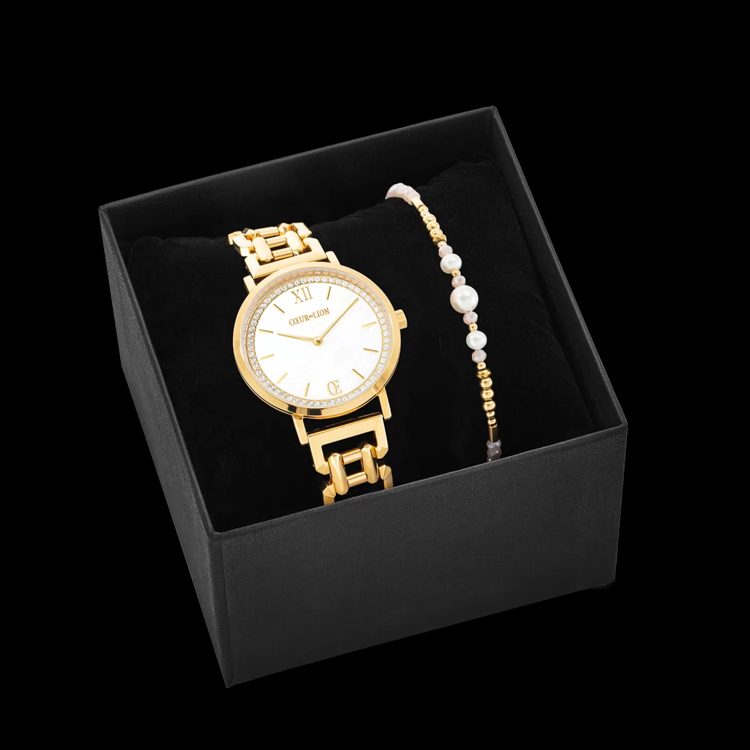 COEUR DE LION Gift Set Watch Round Sparkling Mother-Of-Pearl & Bracelet Drops Gold