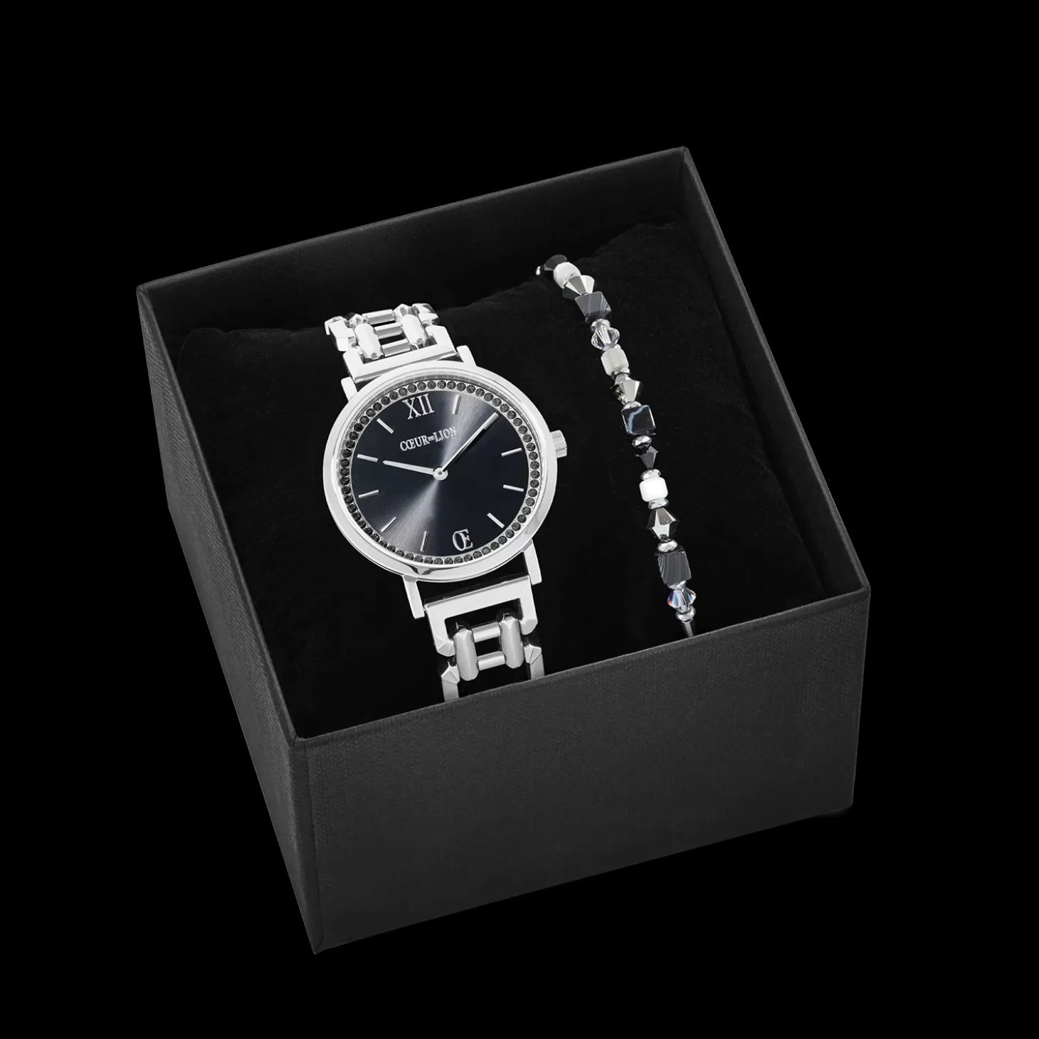 COEUR DE LION Gift Set Watch Round Sparkling Mysterious Black Silver & Princess Shape Mix Bracelet Black-White