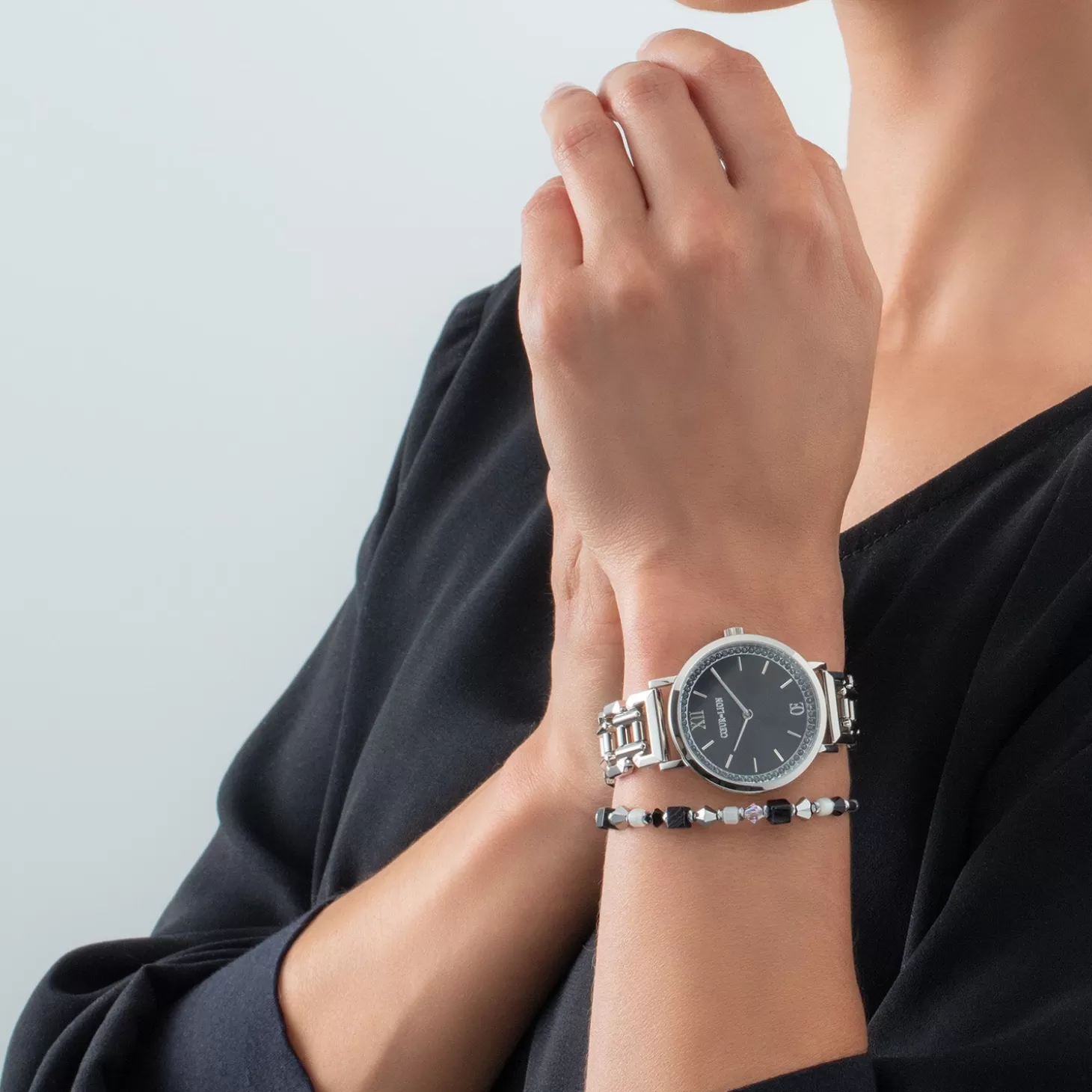 COEUR DE LION Gift Set Watch Round Sparkling Mysterious Black Silver & Princess Shape Mix Bracelet Black-White