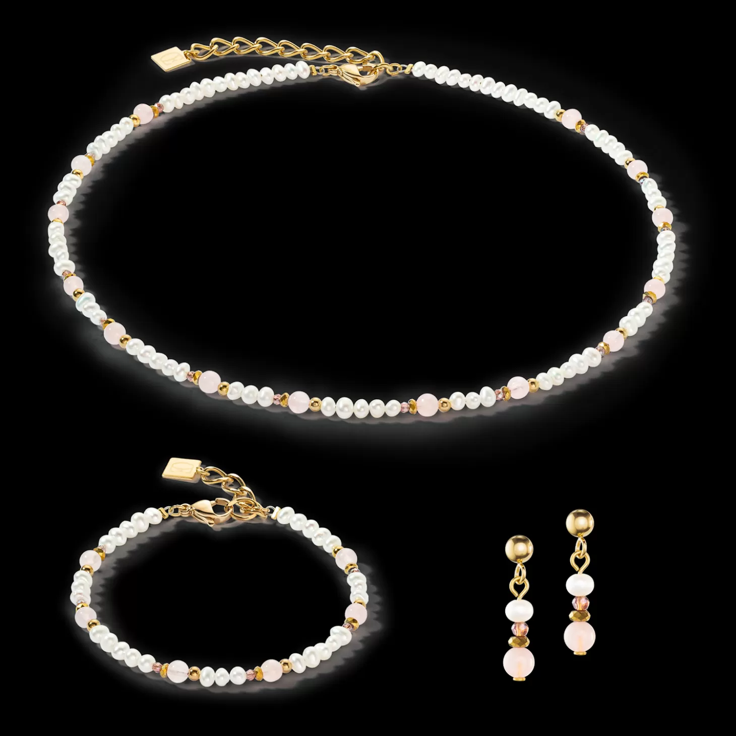 COEUR DE LION Jewellery Set Romantic Freshwater Pearls & Rose Quartz Gold