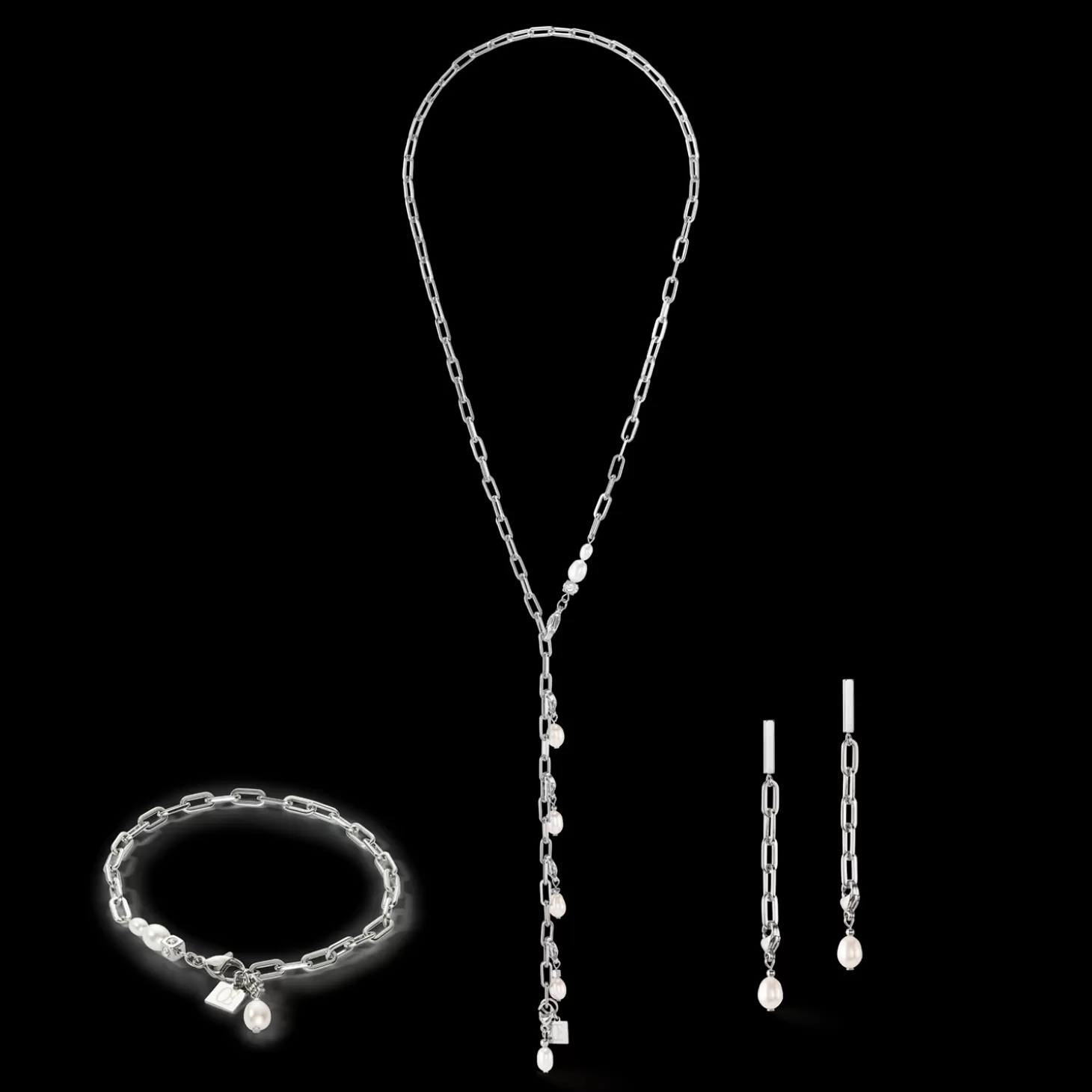 COEUR DE LION Modern Chain Earrings With Freshwater Pearl Charms Silver