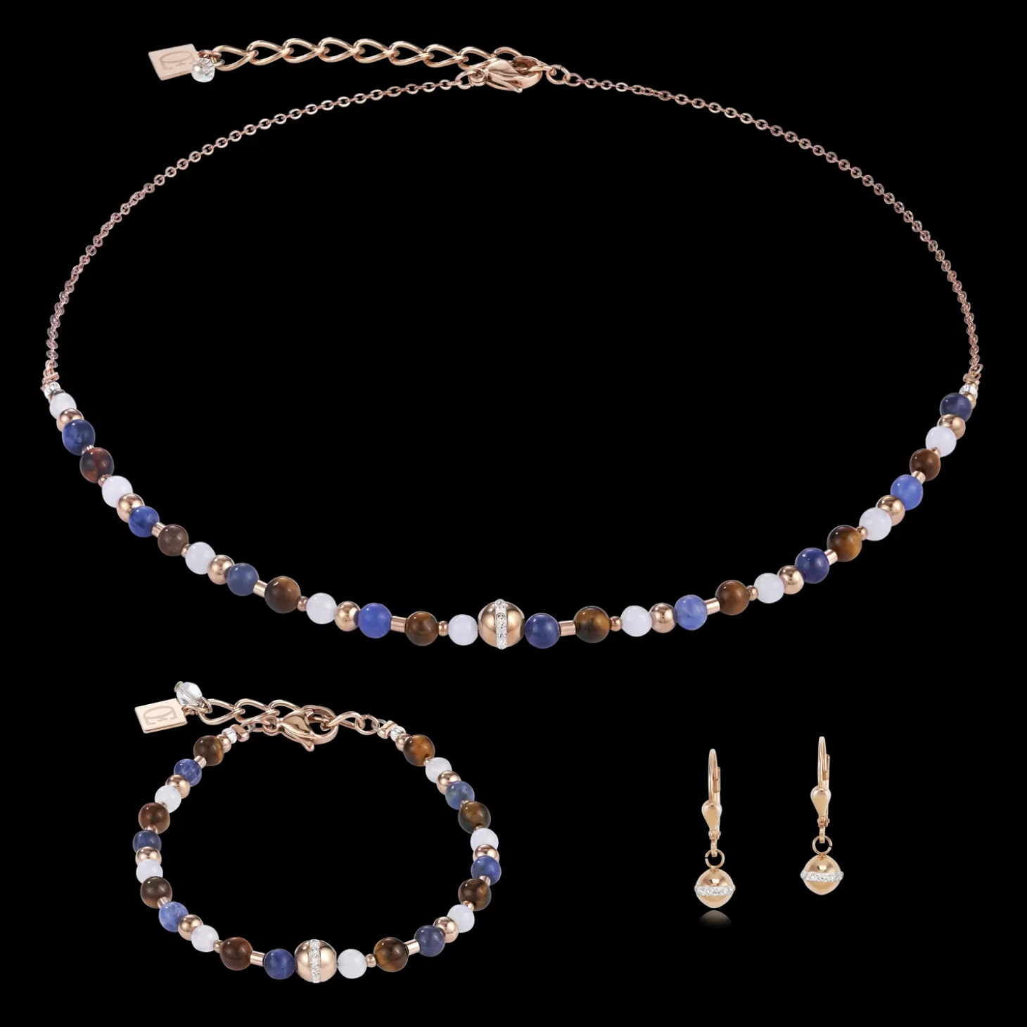 COEUR DE LION Necklace Ball Stainless Steel Rose Gold & Gemstones Blue-Brown