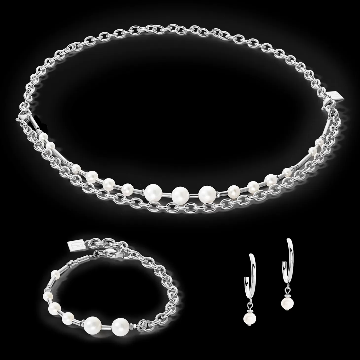 COEUR DE LION Necklace Freshwater Pearls & Chain Multiwear Silver