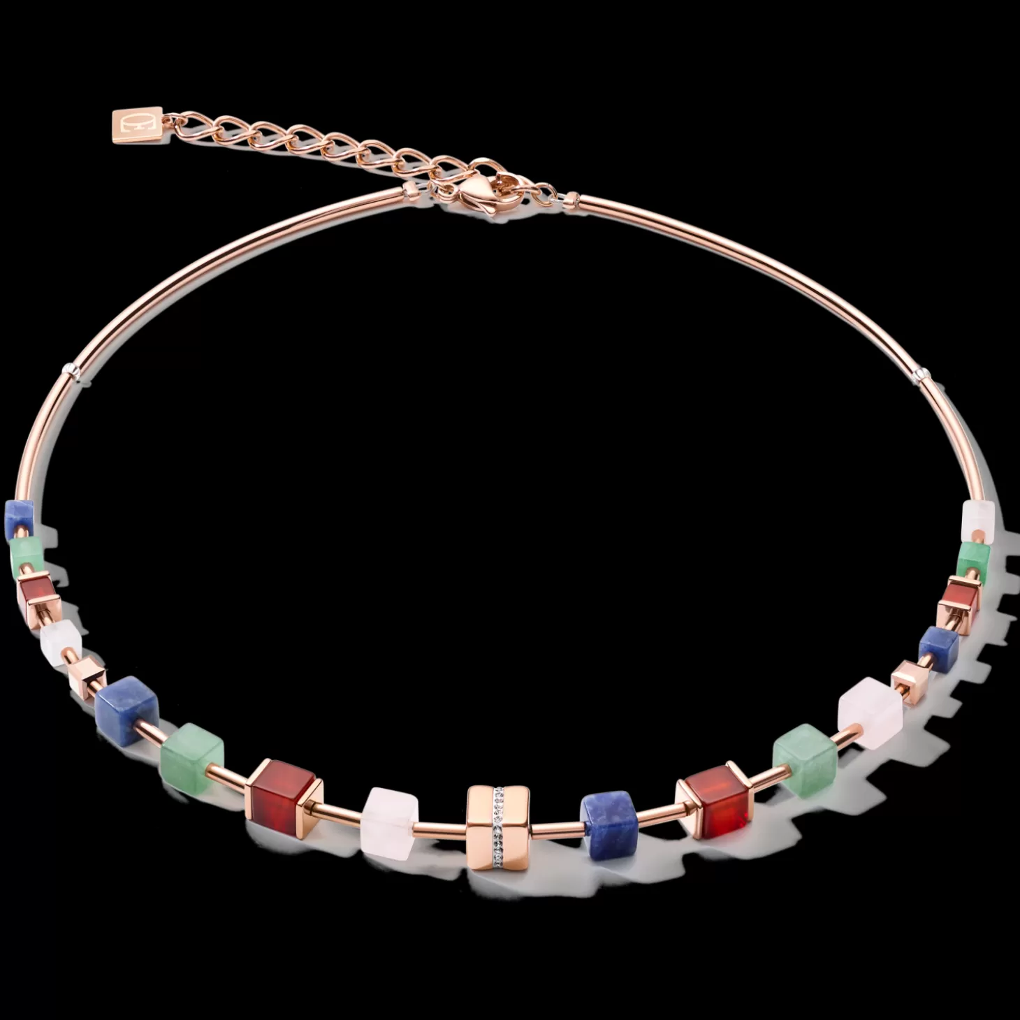 COEUR DE LION Necklace Geocube® Big Kristall Pave Cube, Edelsteine & Edelstahl Rosegold Multicolor Gemstone