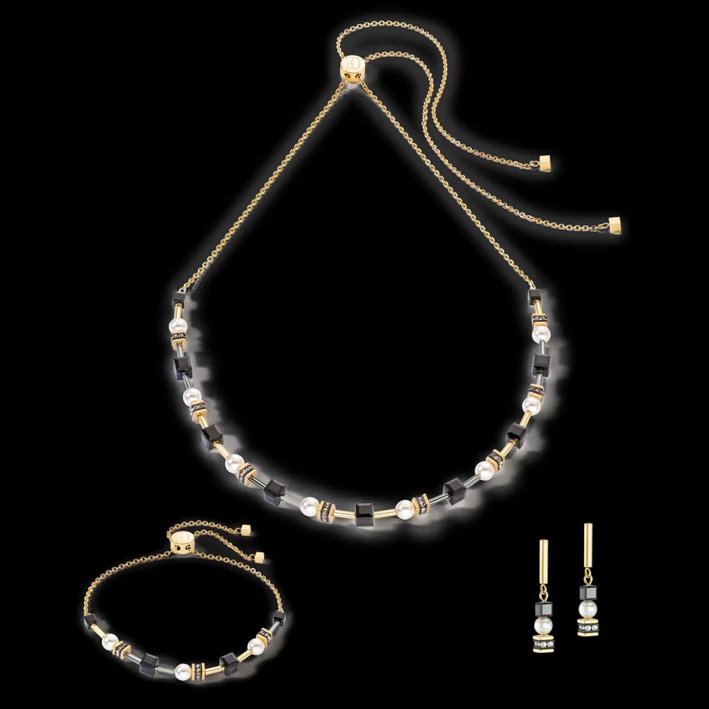 COEUR DE LION Necklace Mysterious Cubes & Pearls Gold-Black