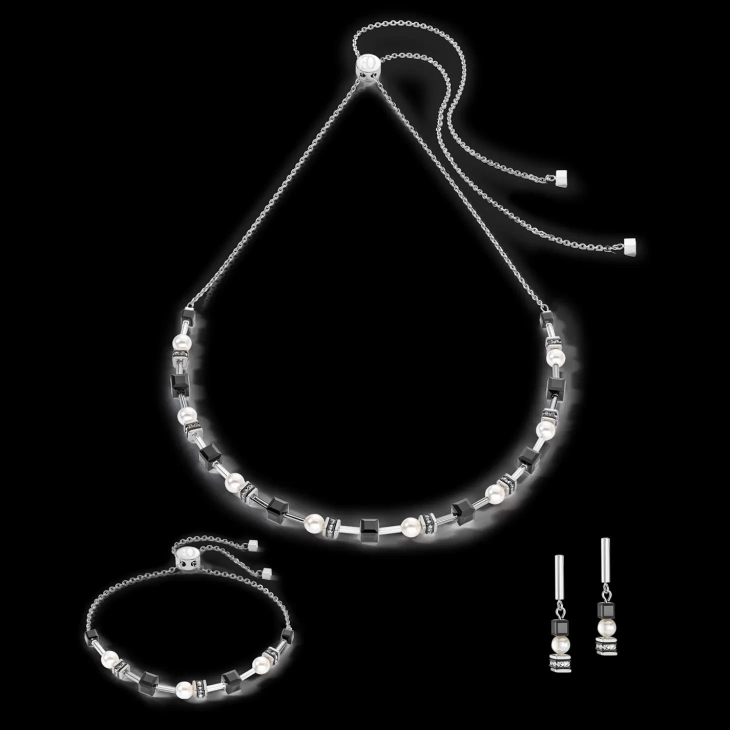 COEUR DE LION Necklace Mysterious Cubes & Pearls Silver-Black